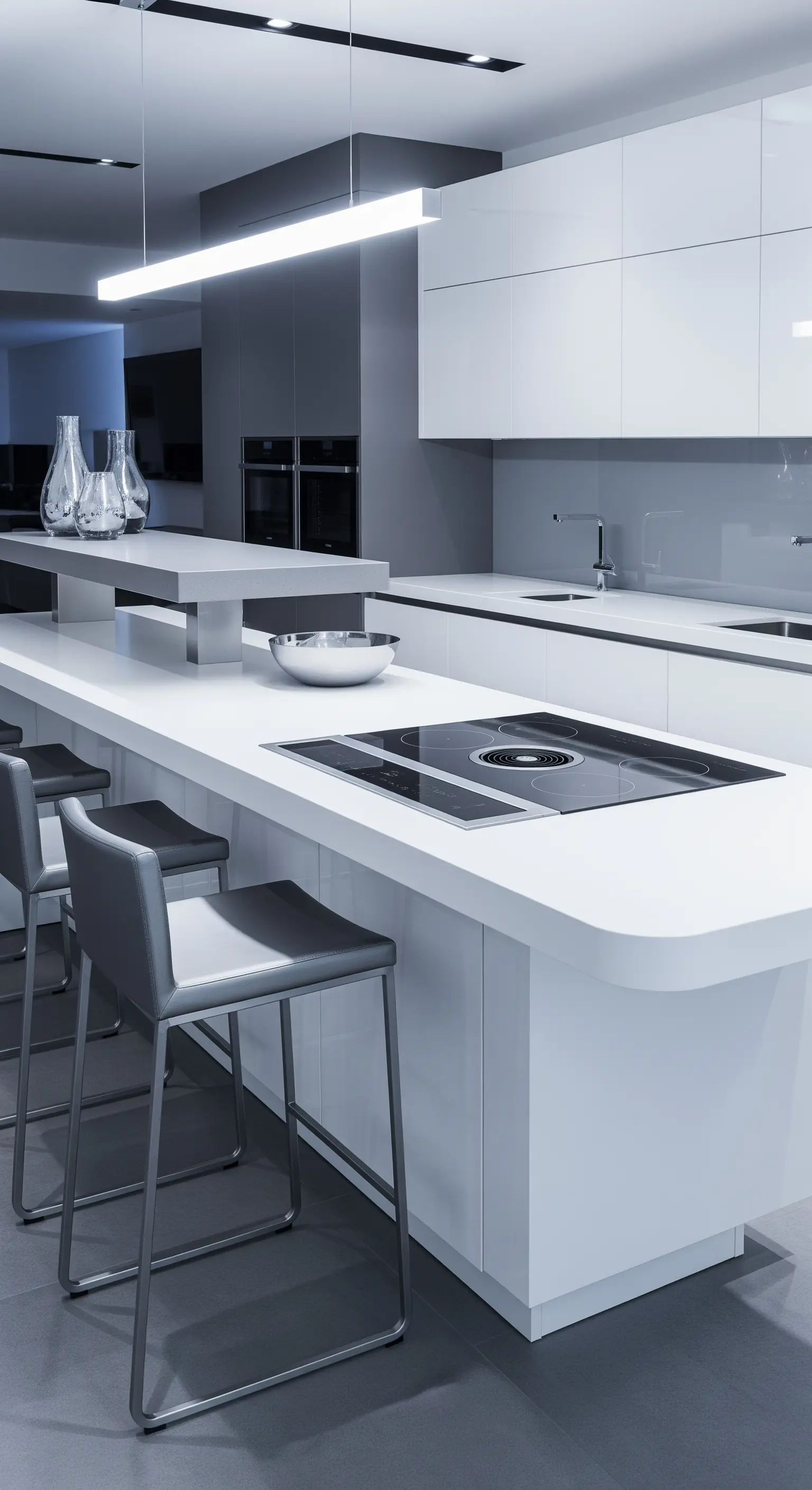 Cucina ultra-moderna bianca con isola scultorea, piano cottura integrato e sgabelli grigi.