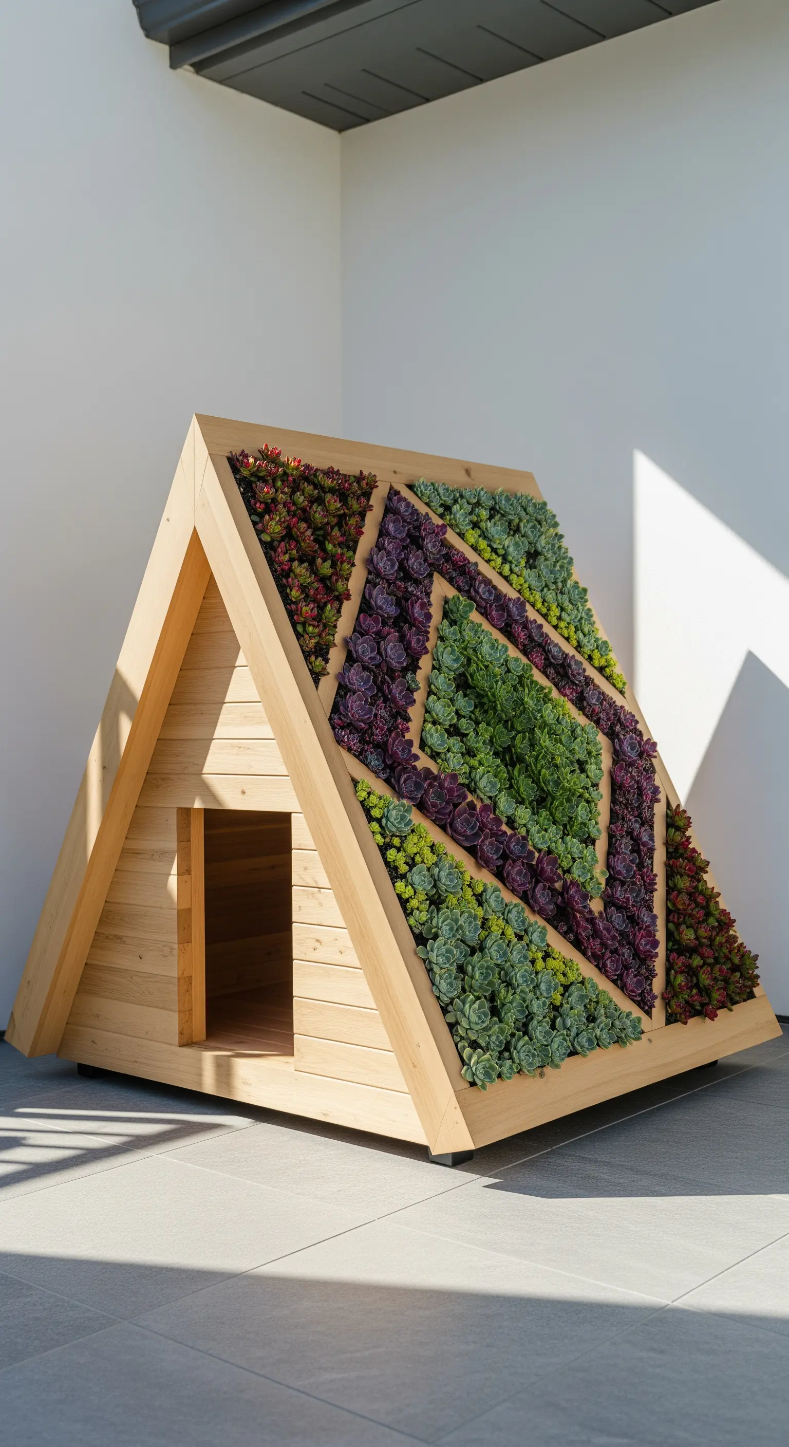 Cuccia moderna a capanna con un mosaico geometrico di piante grasse colorate sul tetto.