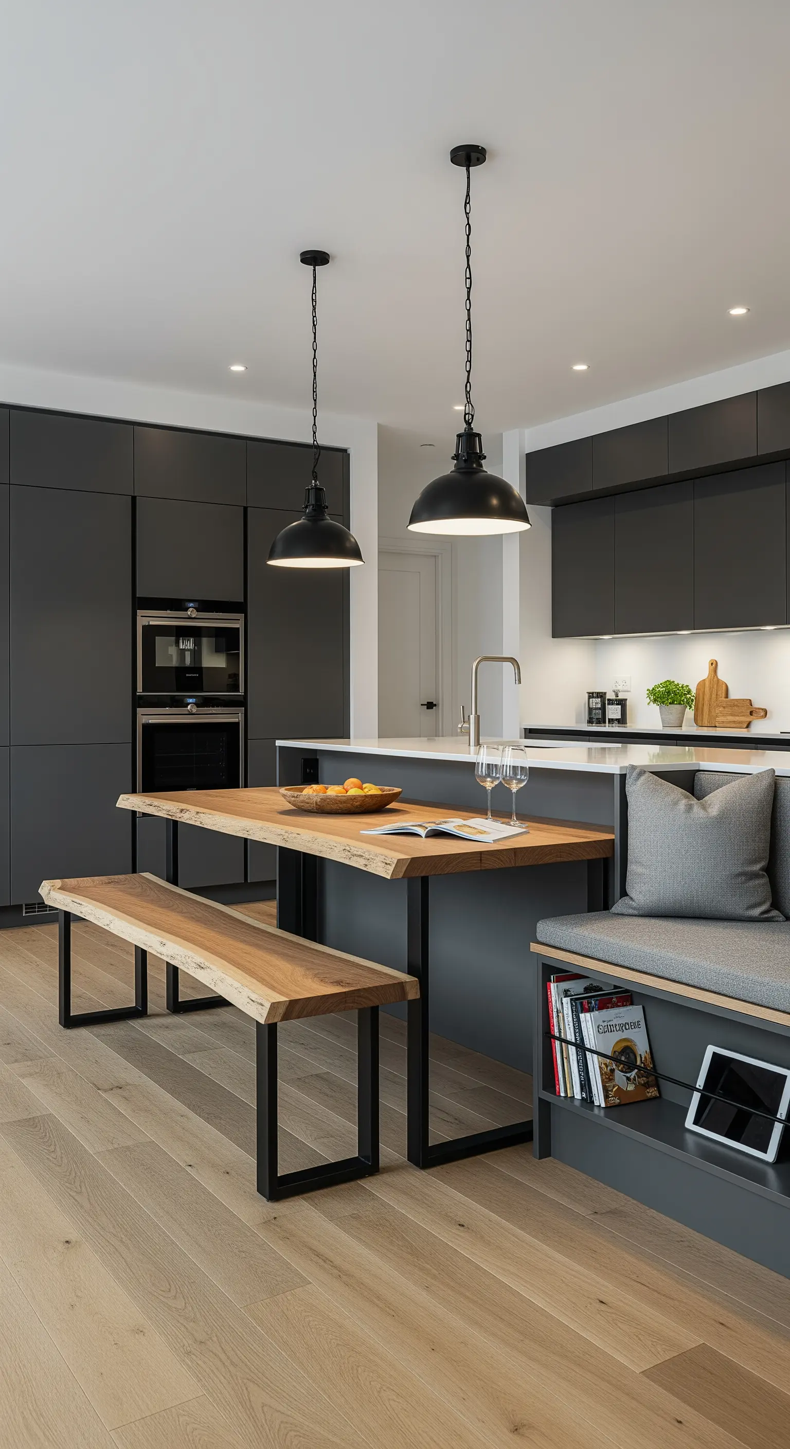 Cucina moderna grigio scuro con panca integrata all'isola e tavolo in legno.