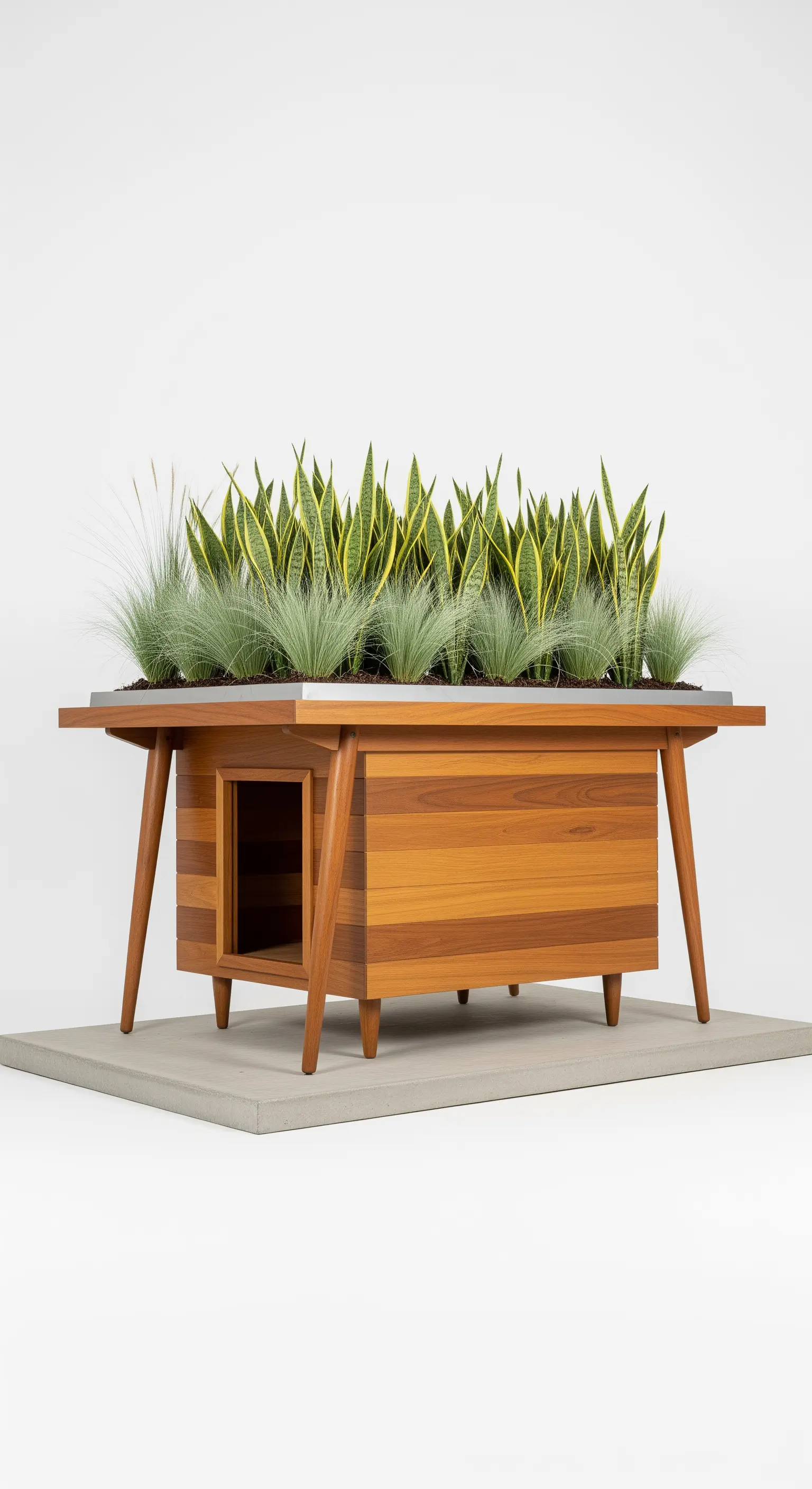 Cuccia-fioriera in legno di teak stile Mid-Century con piante di sansevieria.