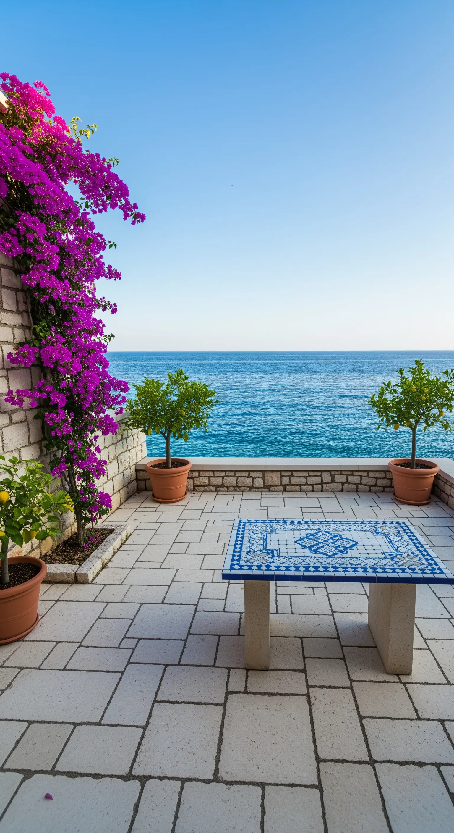 Terrazza con panca in mosaico blu e bianco e vasi di agrumi affacciata sul mare.