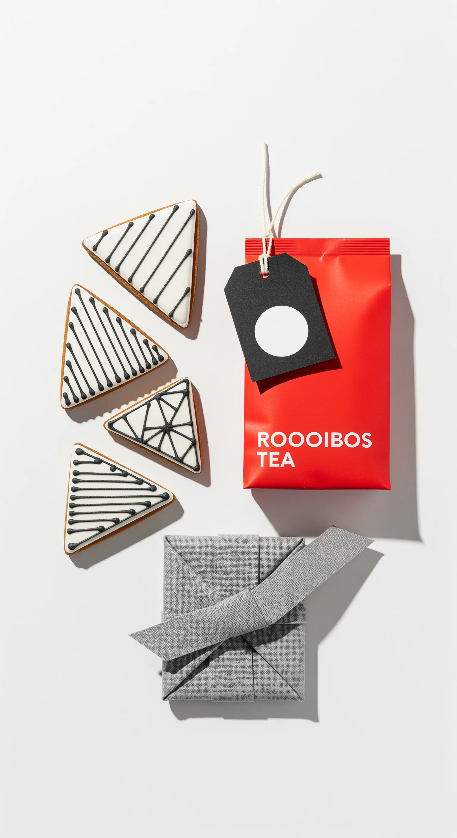 Biscotti geometrici in bianco e nero, una confezione di tè rossa e un origami grigio.