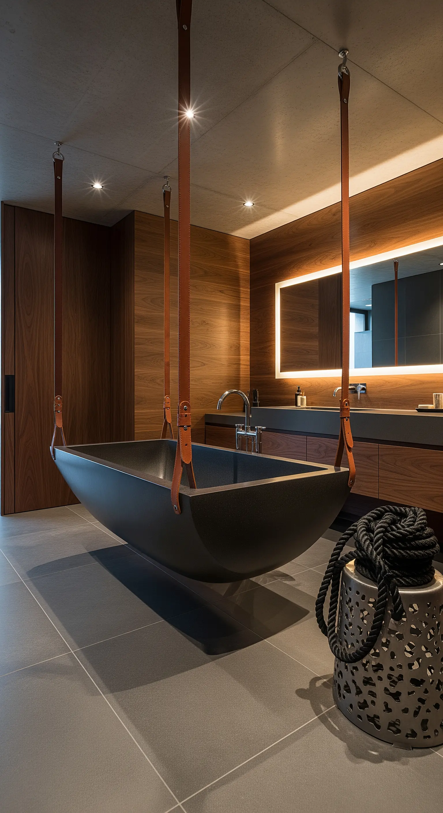 Vasca scura sospesa con cinghie di cuoio in un bagno moderno con boiserie in legno.