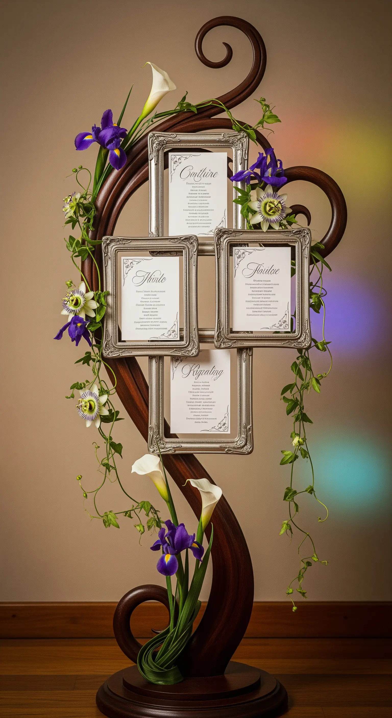 Tableau mariage artistico con cornici argentate su una scultura in legno e fiori viola.