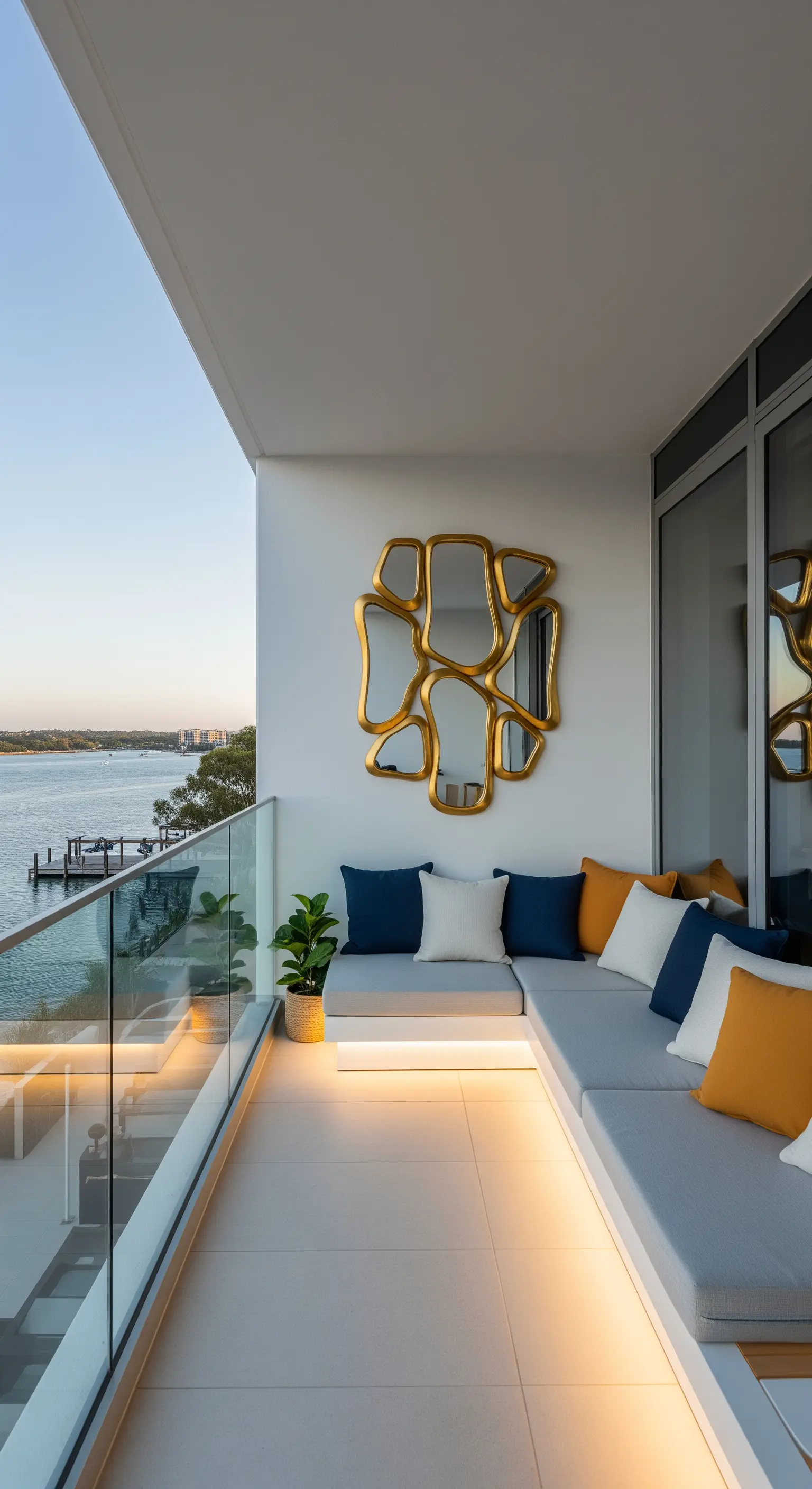Balcone moderno con vista mare, specchio dorato astratto e illuminazione a LED sotto la panca.
