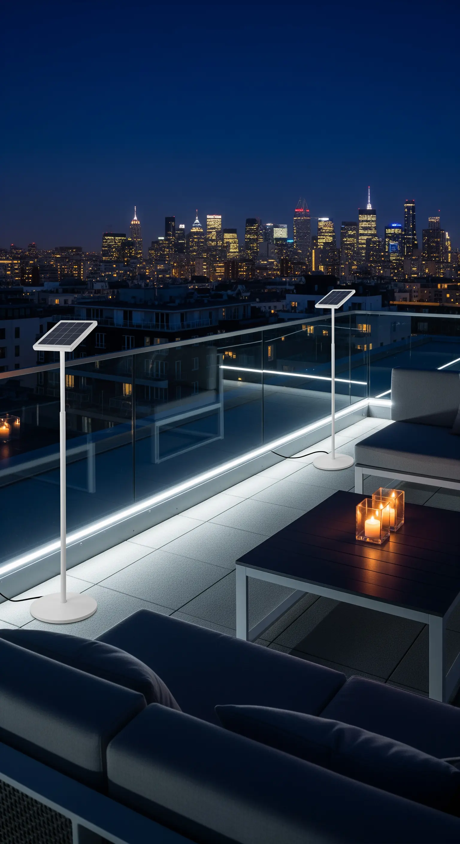 Terrazza panoramica con vista sulla città, divani moderni e lampade da terra a energia solare.