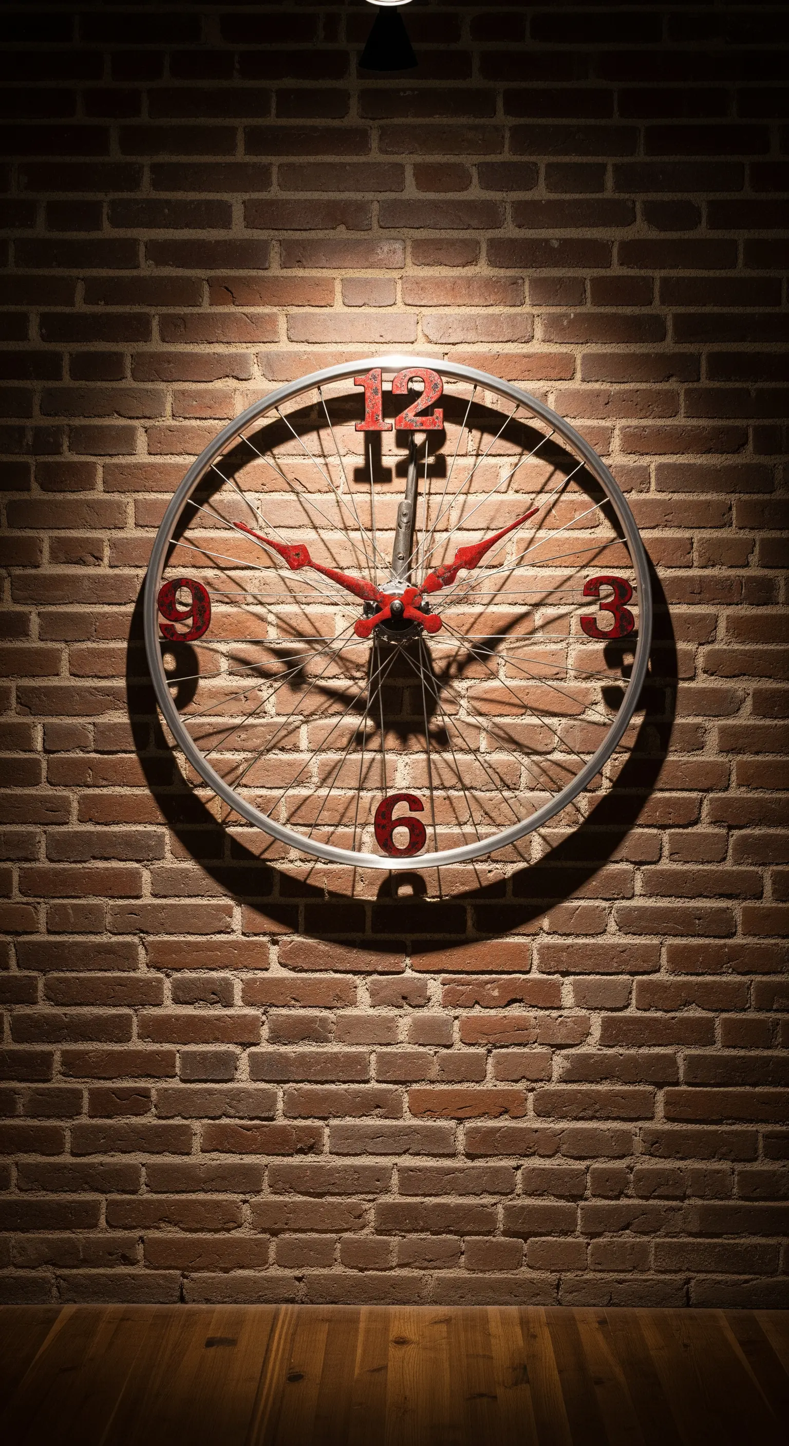 Una ruota di bicicletta trasformata in un grande orologio da parete in stile industriale.