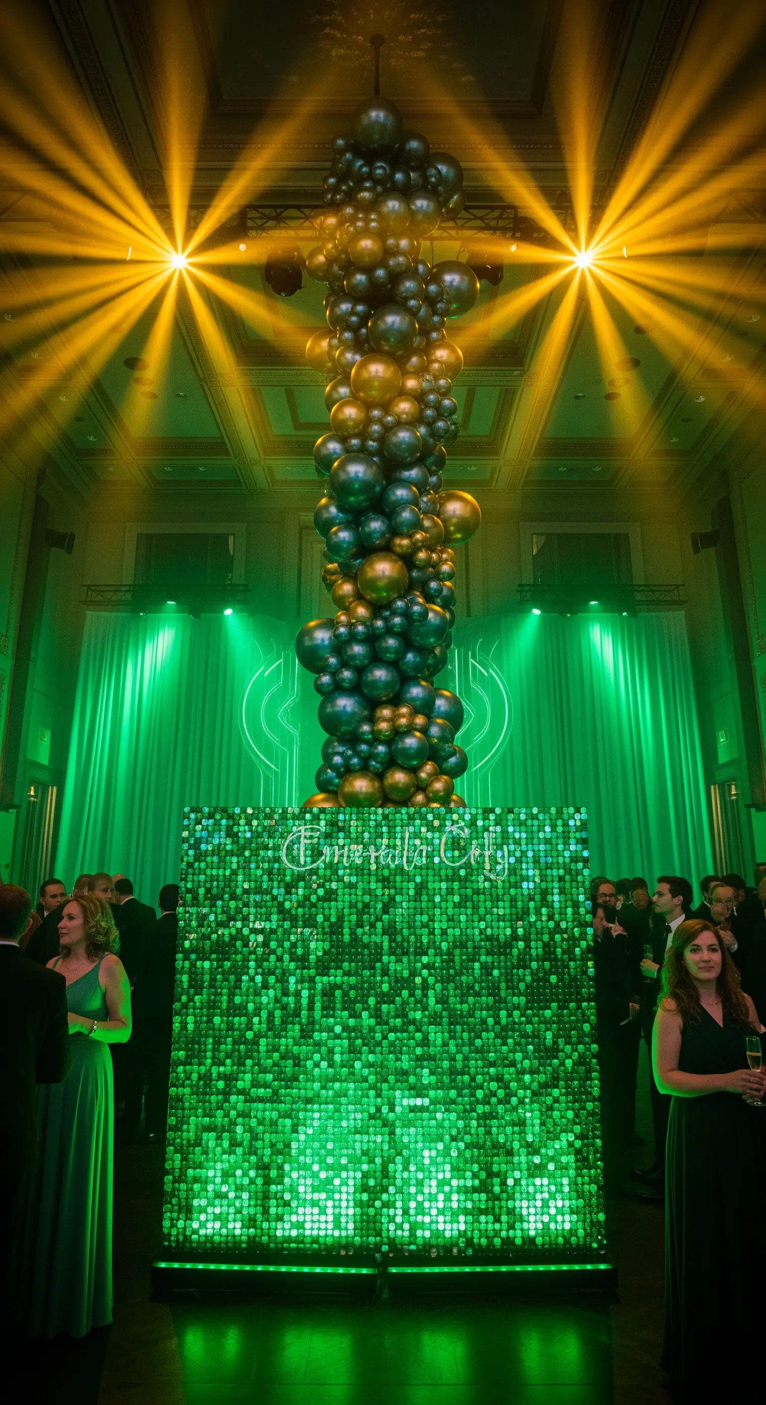 Allestimento a tema Città di Smeraldo con parete di paillettes verdi e luci scenografiche.
