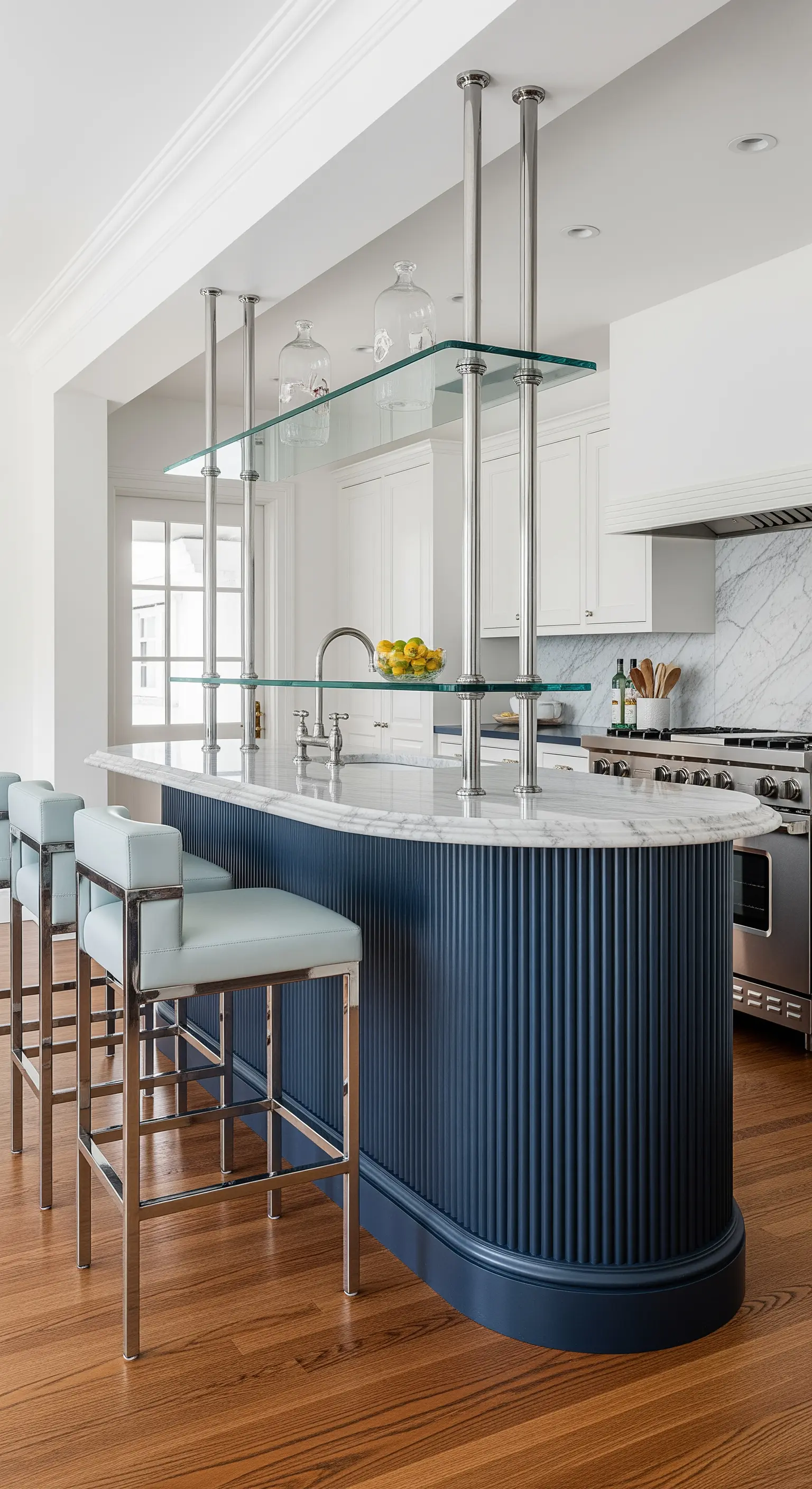 Isola blu scuro con base scanalata, top in marmo e alzata in vetro e cromo.
