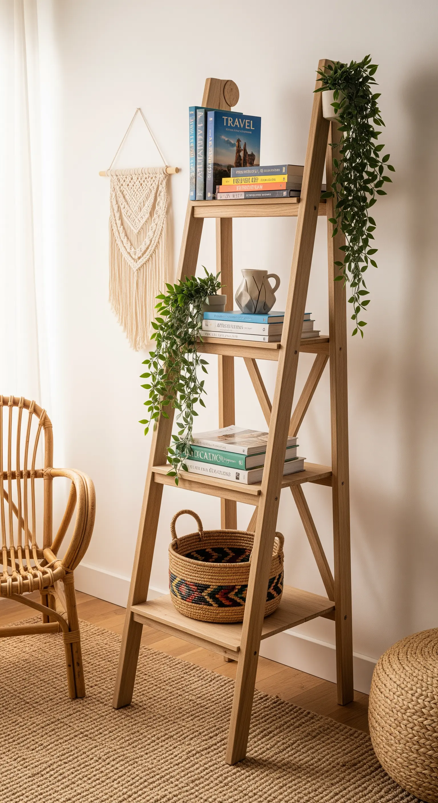 Libreria a scala in legno chiaro in un ambiente boho con piante e macramè.