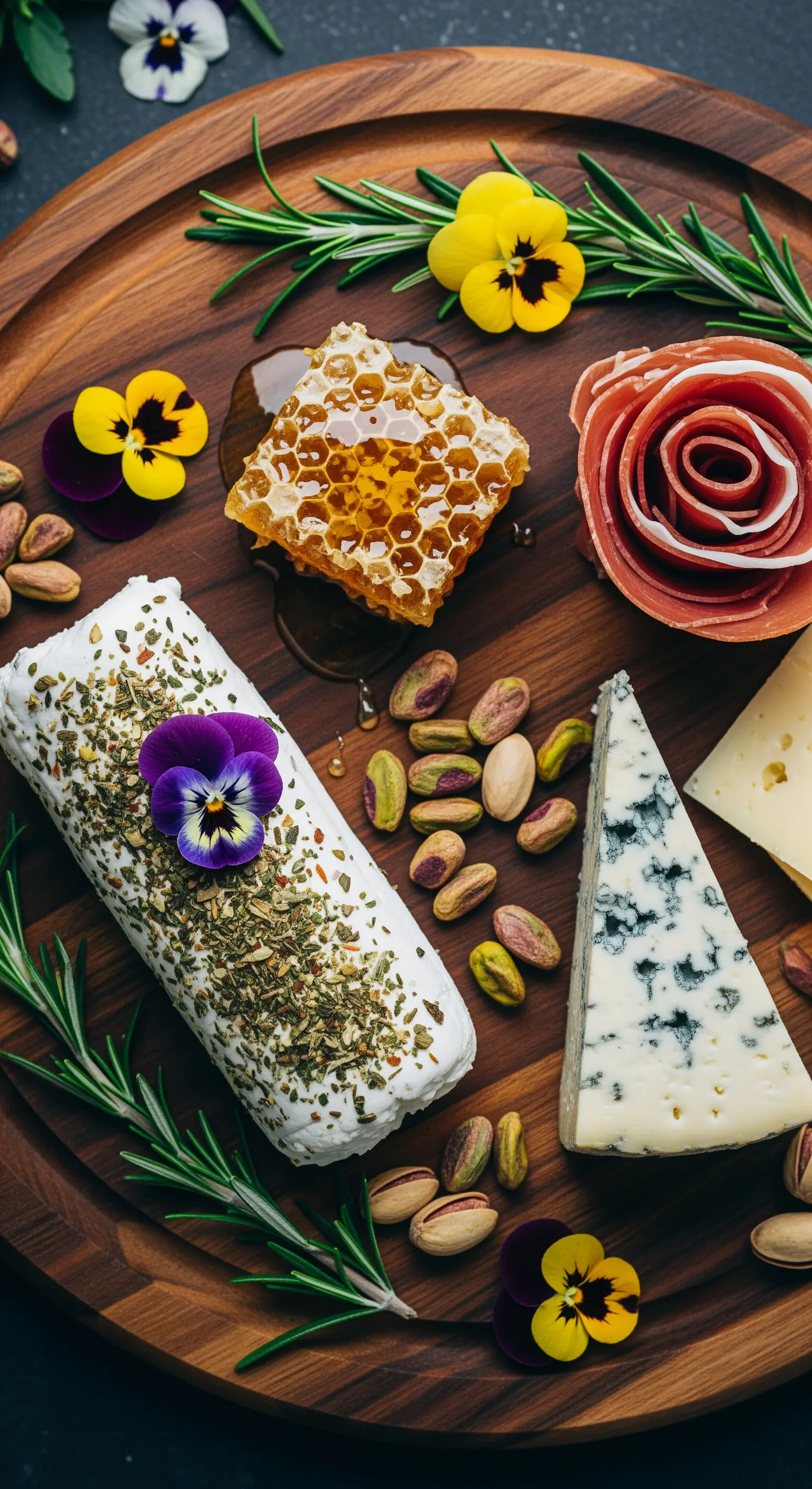Tagliere con formaggi, favo di miele, prosciutto e fiori eduli colorati.