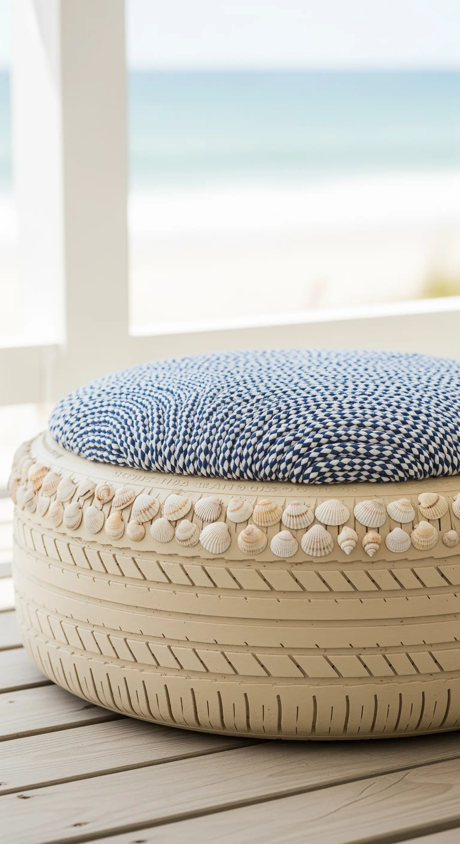Pouf fai-da-te color sabbia decorato con una fila di conchiglie e un cuscino blu e bianco.