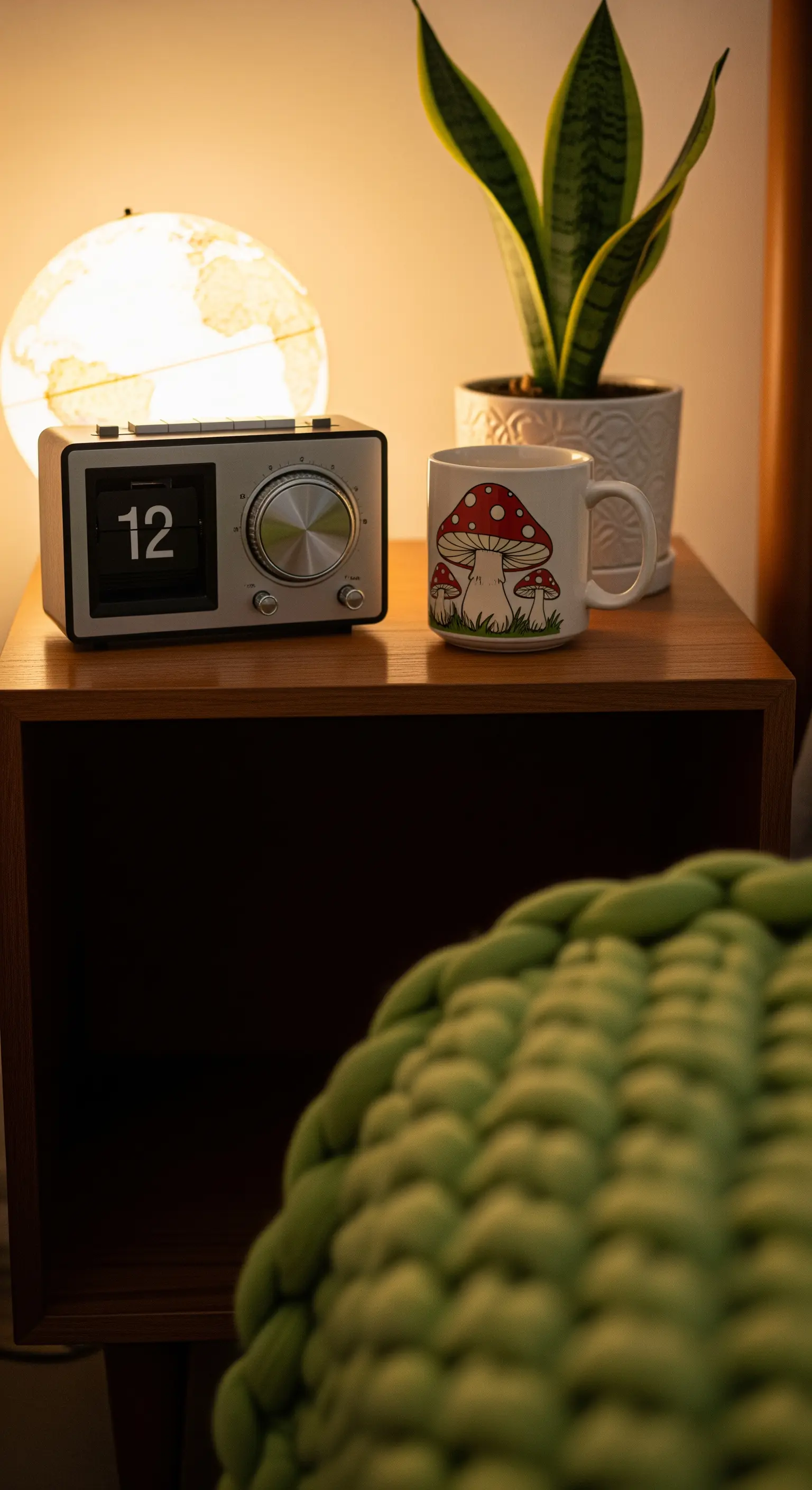 Comodino in legno con un orologio a palette, una lampada a globo e una tazza con funghi.