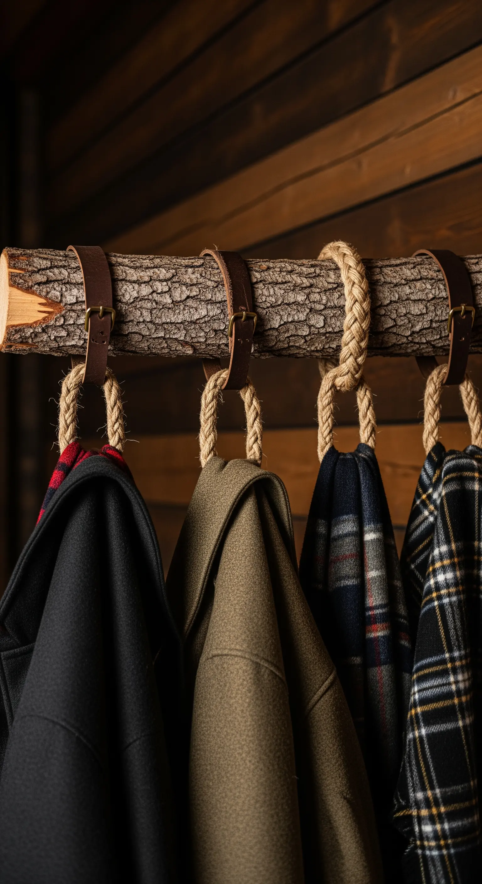 Appendiabiti con ramo grezzo, cinghie di cuoio con fibbie e ganci in corda di iuta.