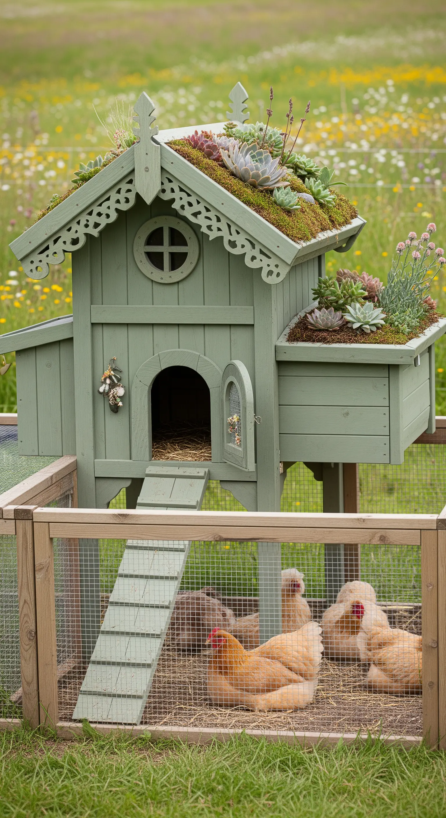 Pollaio in legno verde salvia con un tetto ricoperto di piante grasse.