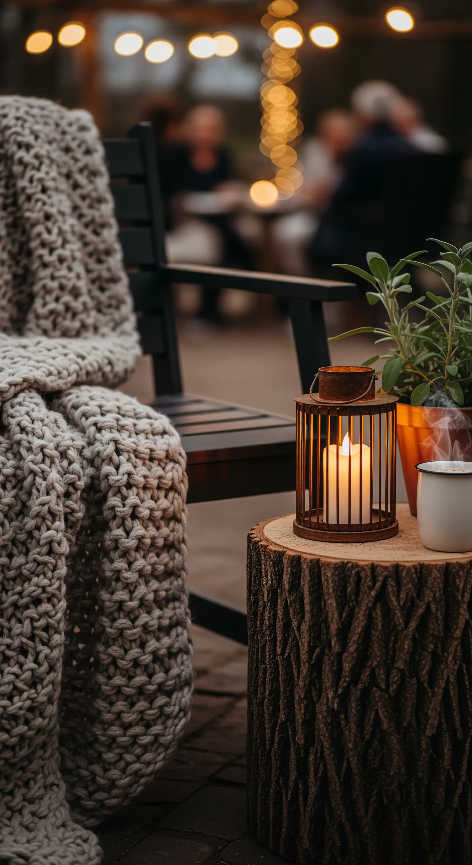 Sedia in legno con coperta di lana, tavolino a ceppo e piccola lanterna.