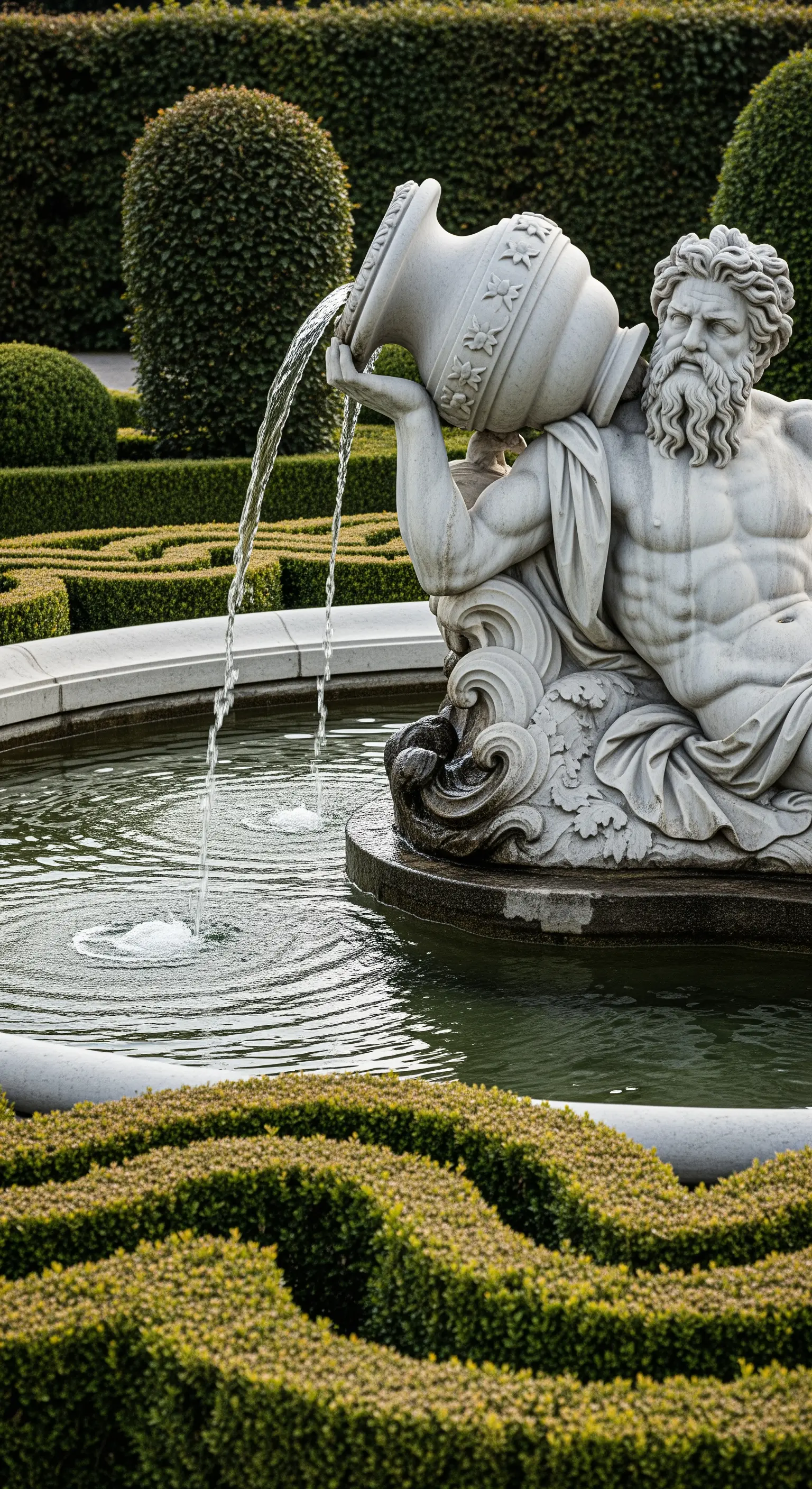 Dettaglio di una statua-fontana di una divinità maschile che versa acqua da un'anfora.