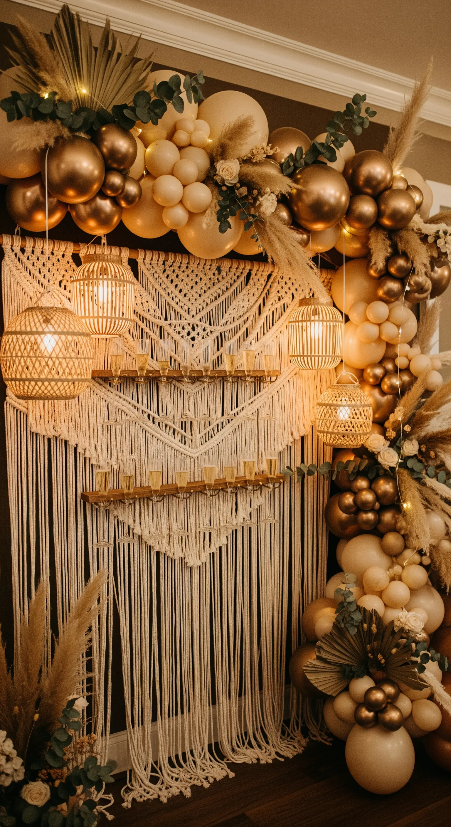 Parete decorata con macramé, lanterne in rattan e palloncini oro per un evento boho.