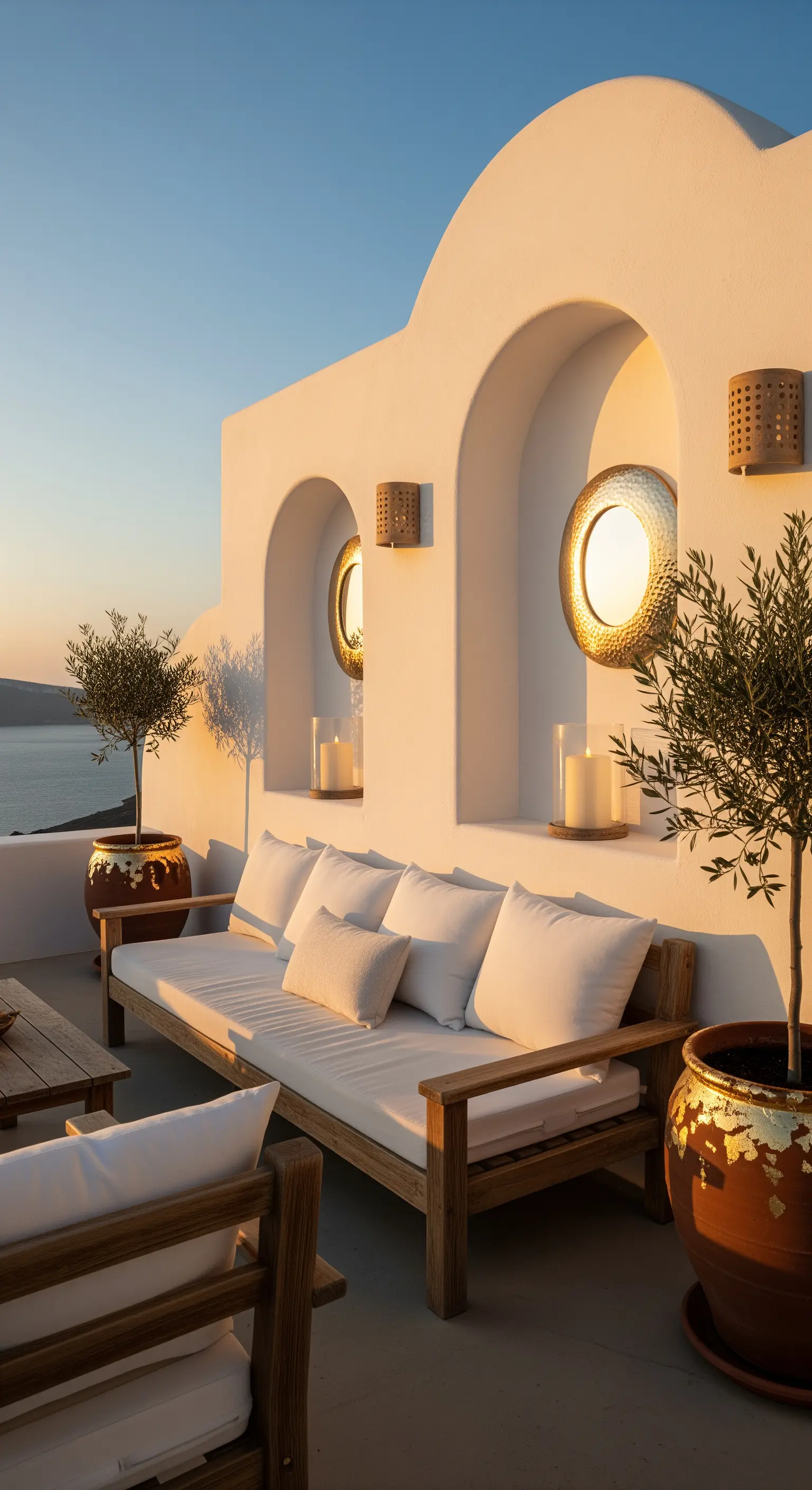 Terrazza mediterranea con divani in legno, ulivi in vasi con foglia d'oro e applique dorate.