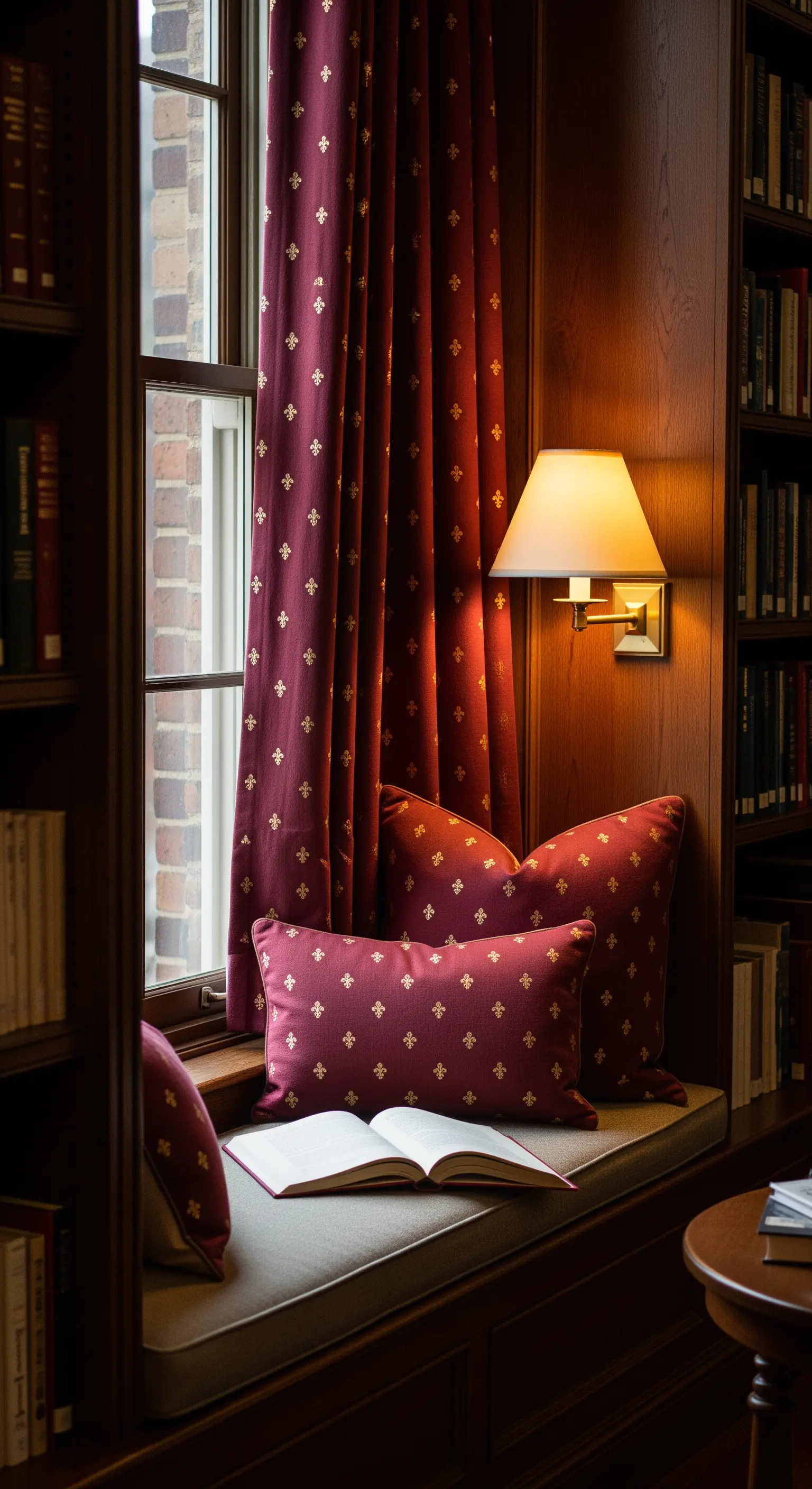 Tende color bordeaux con un piccolo motivo dorato a giglio francese in un'elegante biblioteca.