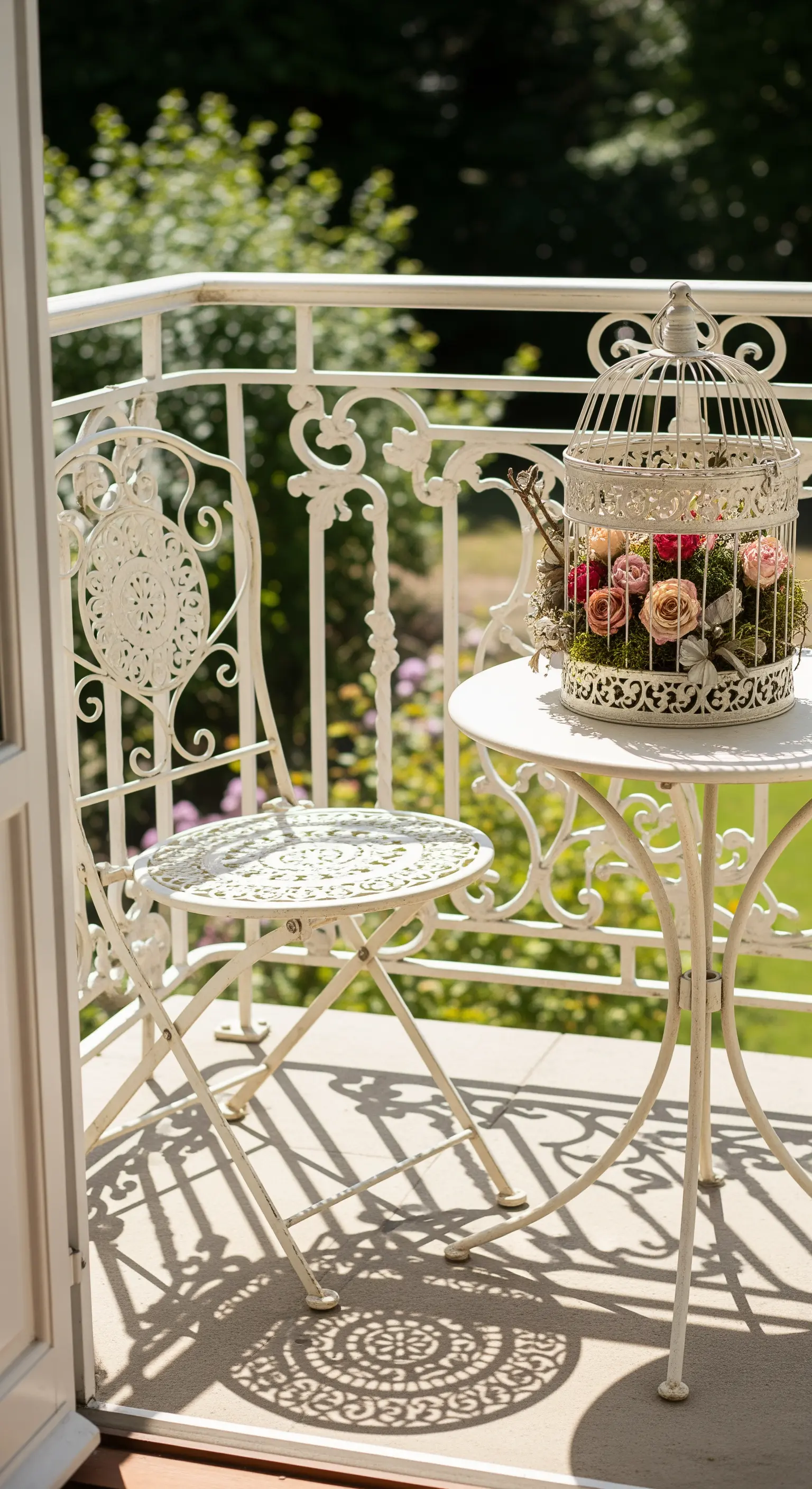 Set da bistrò in ferro battuto bianco con una gabbietta decorativa piena di rose sul tavolo.