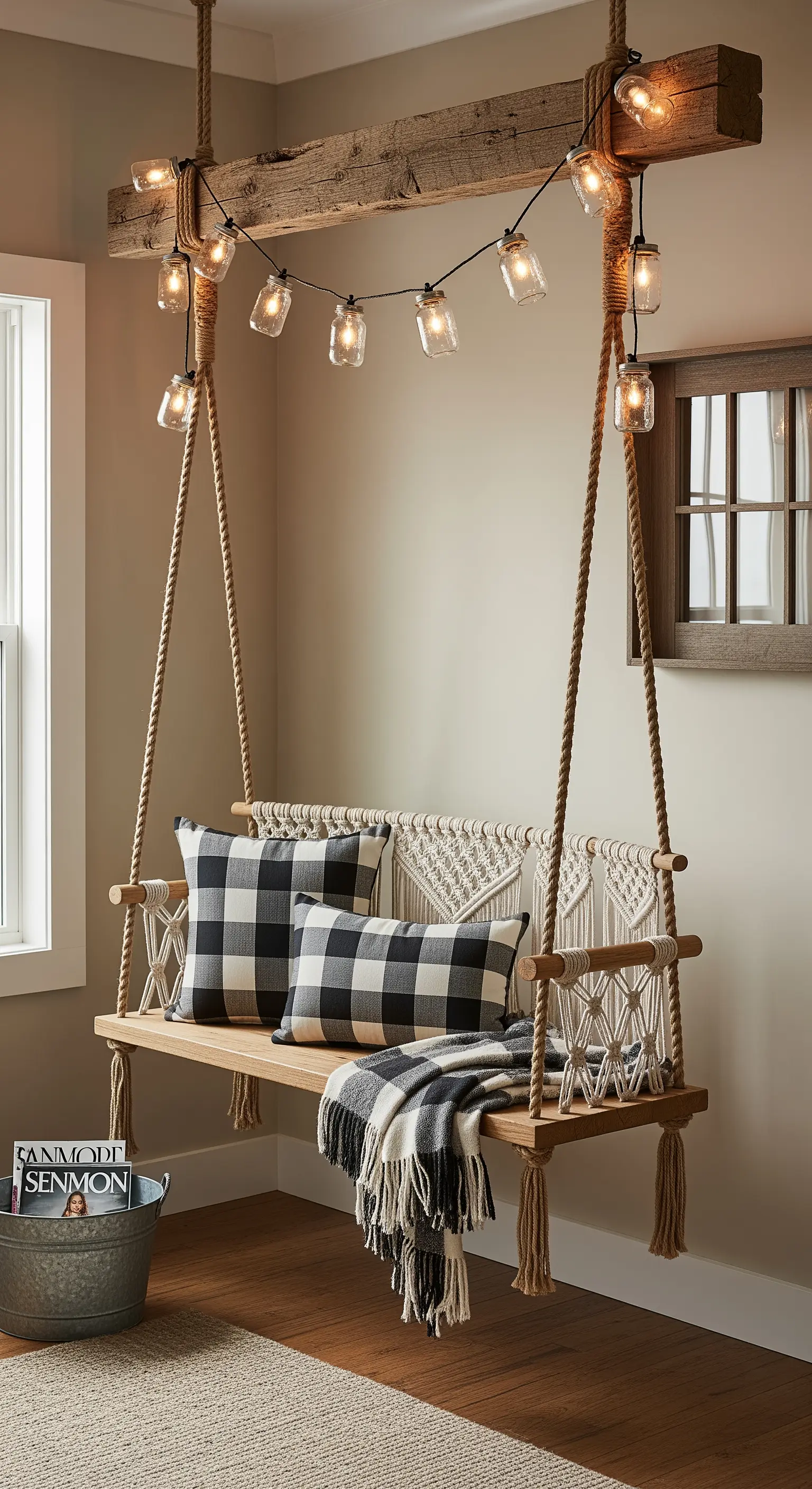 Panca sospesa in legno con dettagli in macramè e cuscini a quadri.