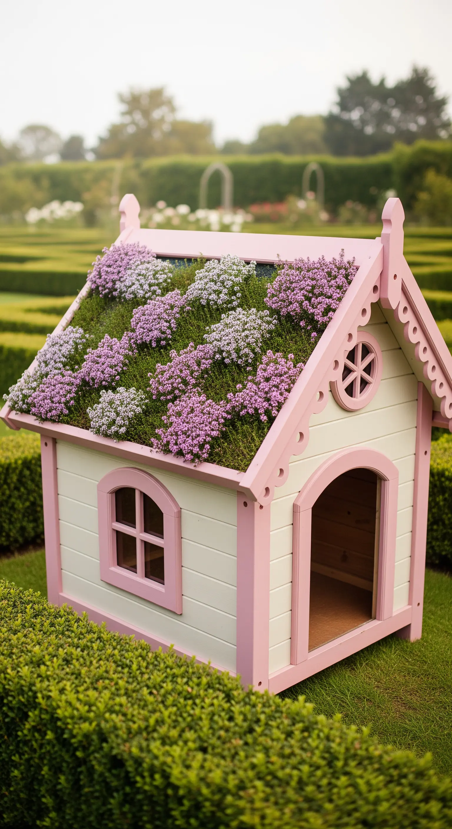 Cuccia rosa e bianca in stile vittoriano con un tetto di piccoli fiori viola e bianchi.