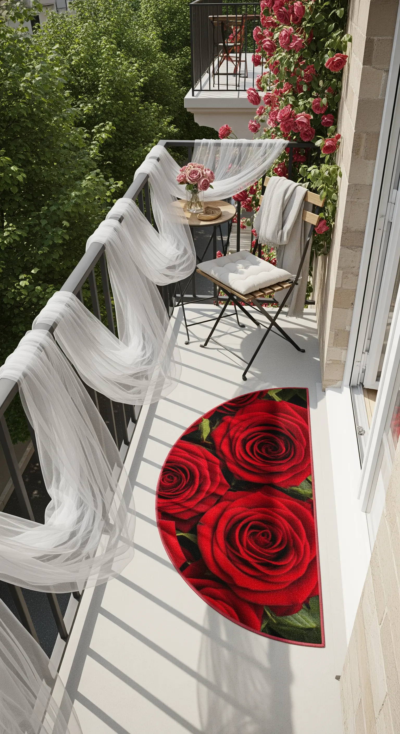 Balcone piccolo con tappeto a mezzaluna con rose rosse e tulle sulla ringhiera.