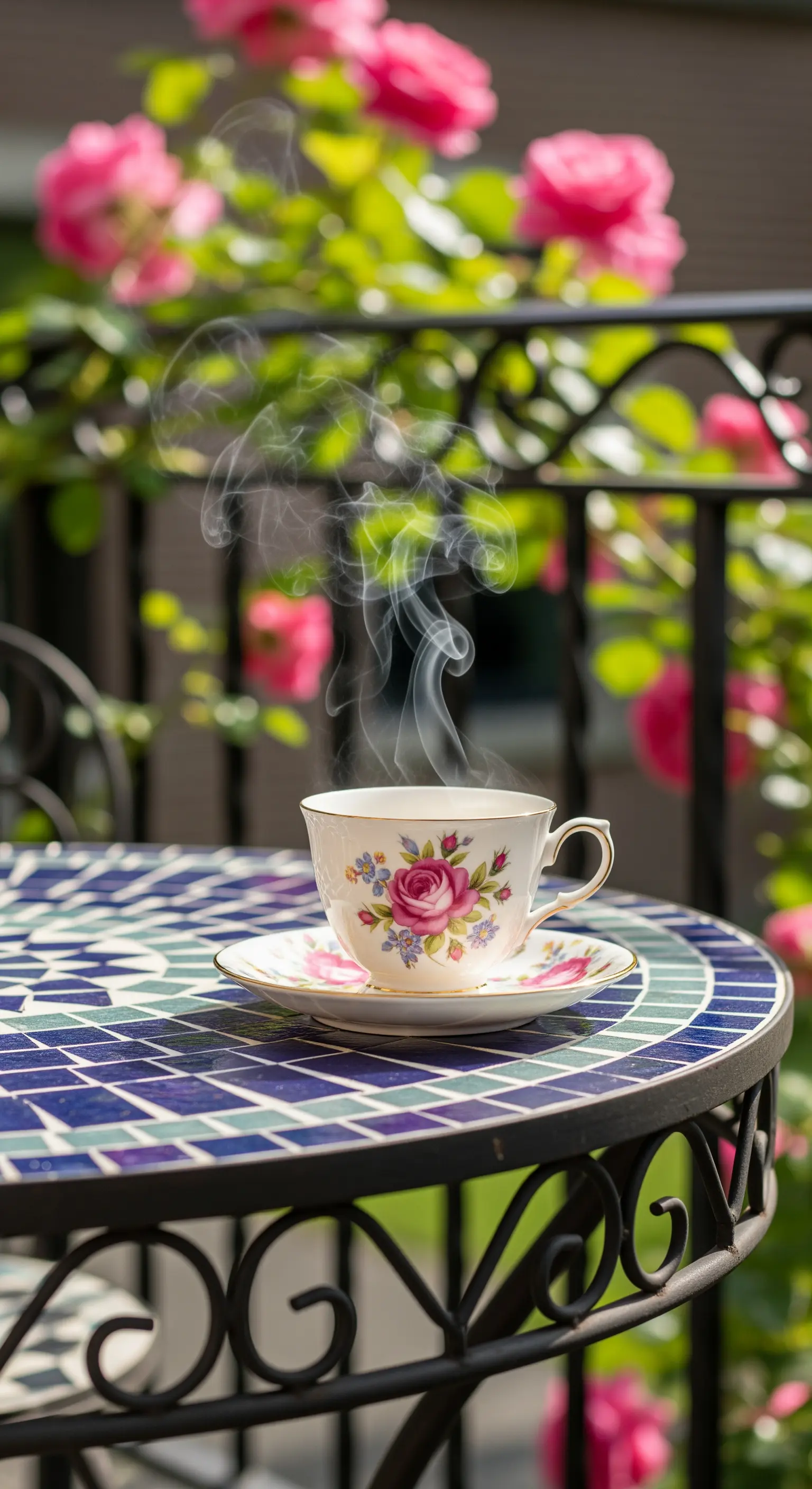 Tazza da tè in porcellana floreale fumante su un tavolino a mosaico, con rose sullo sfondo