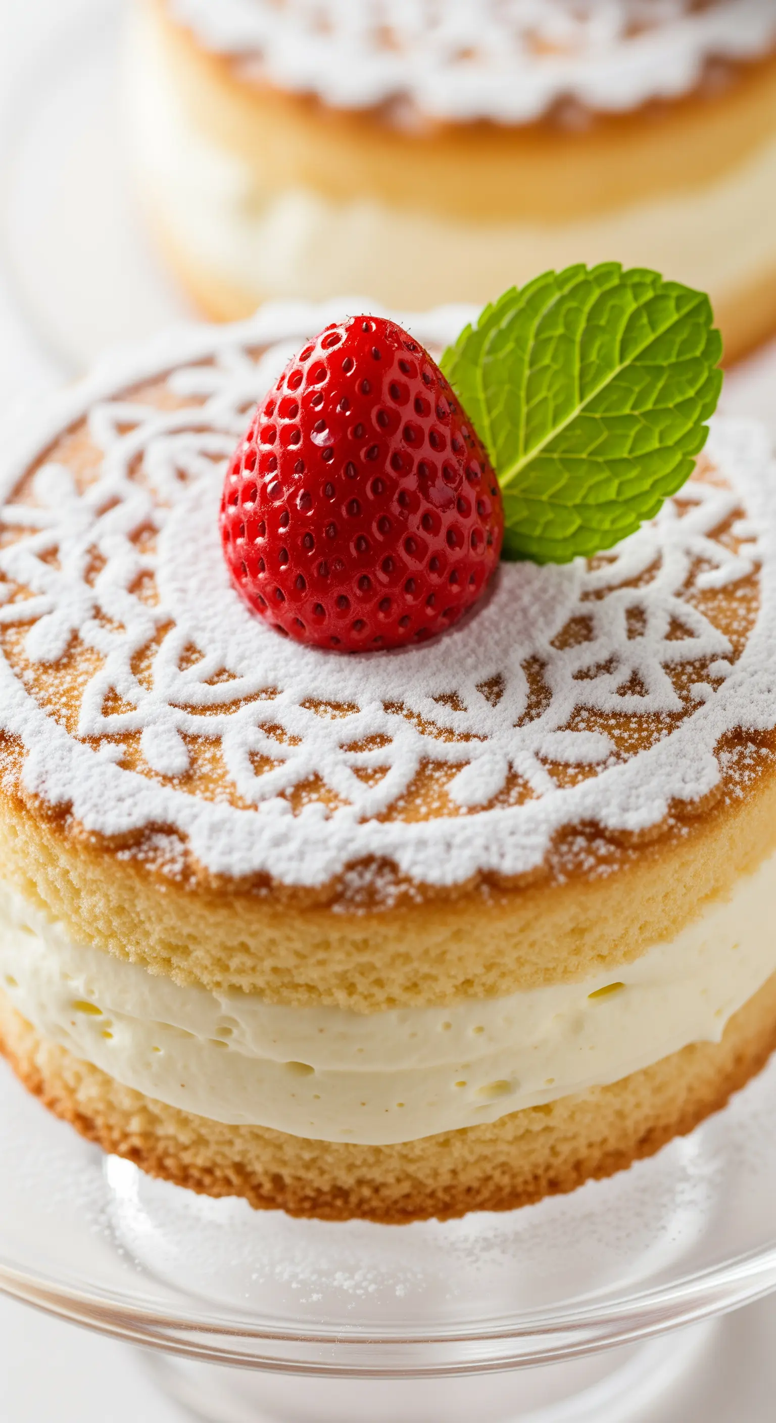 Mini-torta con decorazione effetto pizzo in zucchero a velo e una fragola al centro.