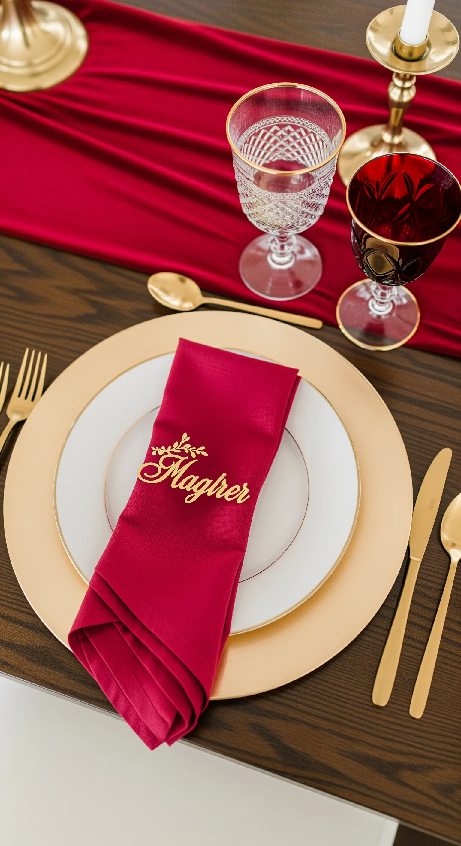 Primo piano di un segnaposto dorato con il nome di un invitato su un tovagliolo rosso.