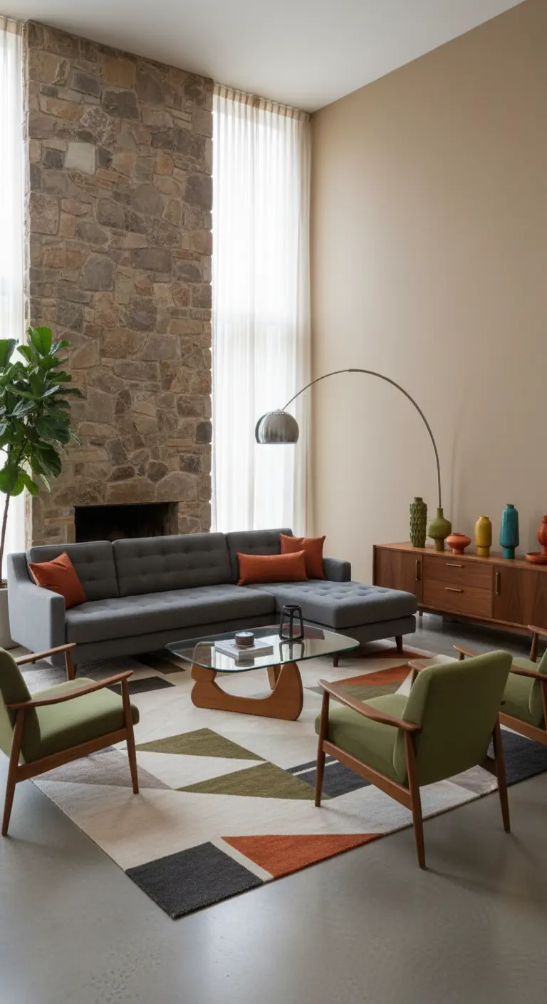 Soggiorno in stile Mid-Century con divano grigio, camino in pietra e poltrone verdi.