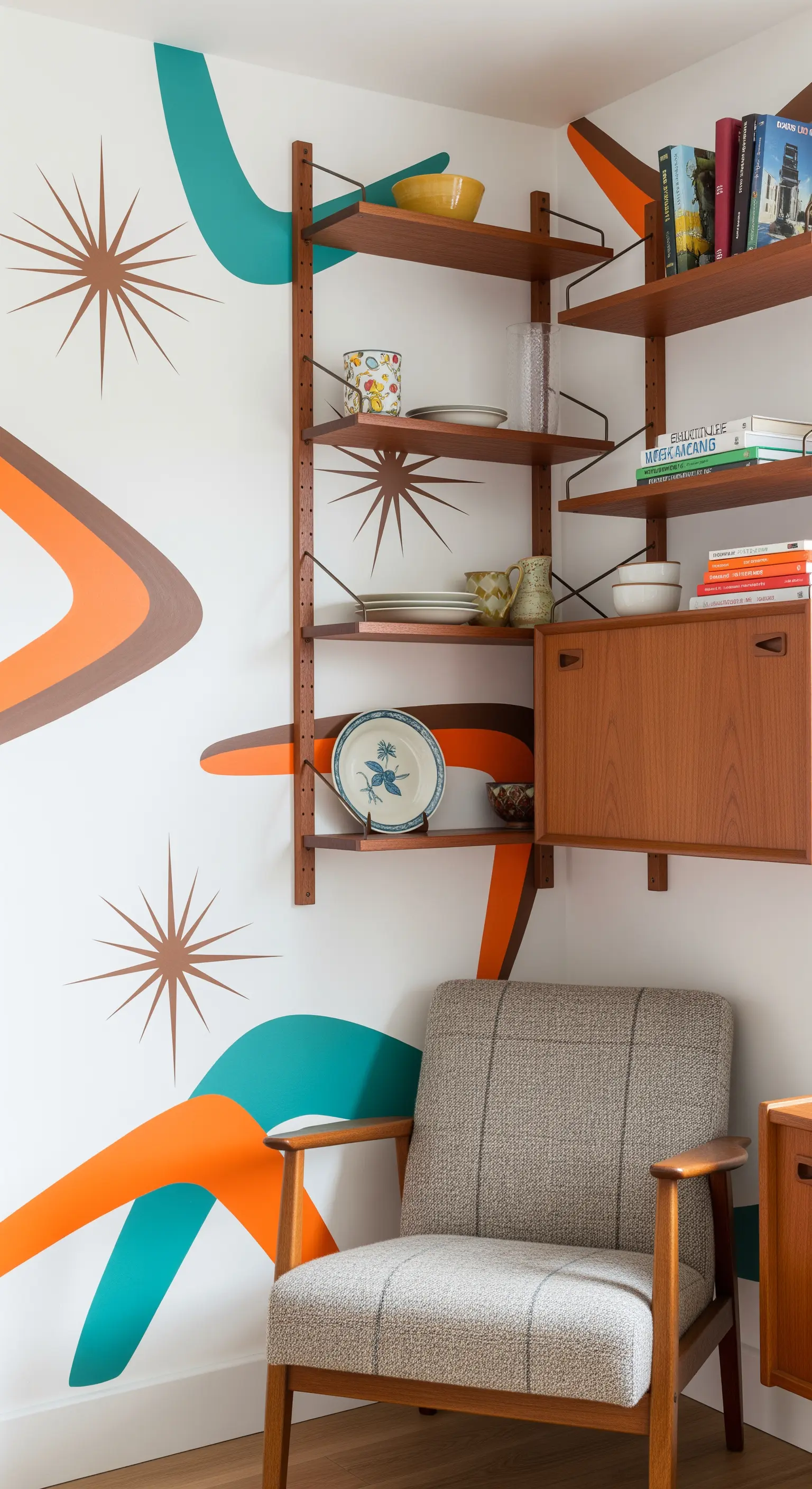 Libreria Mid-Century in teak su una parete bianca con forme astratte arancioni e turchesi.