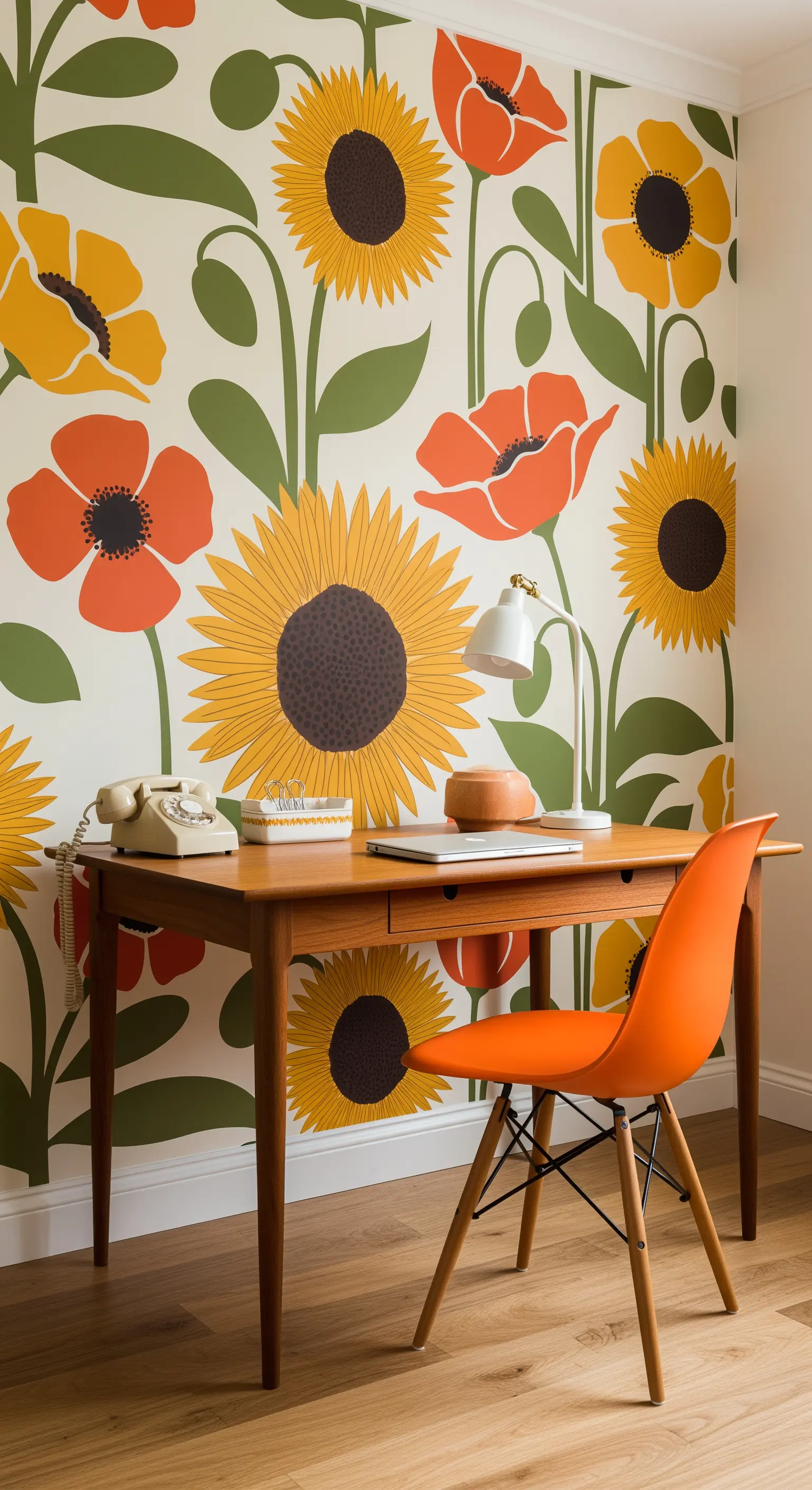 Scrivania in teak con sedia arancione e carta da parati floreale in stile anni '70.