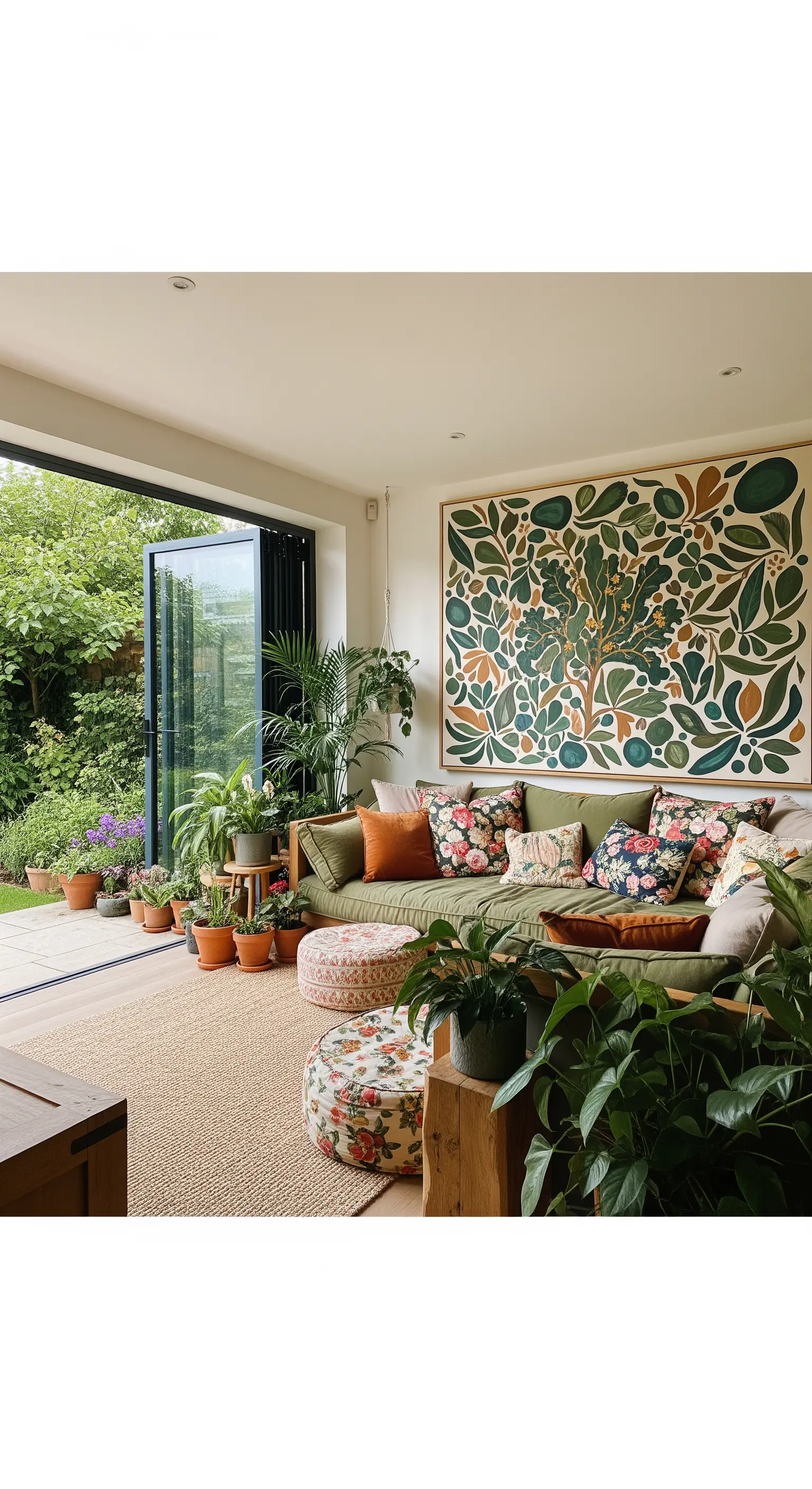 Salotto con porta a vetri aperta su un giardino, con arredi e arte a tema botanico.