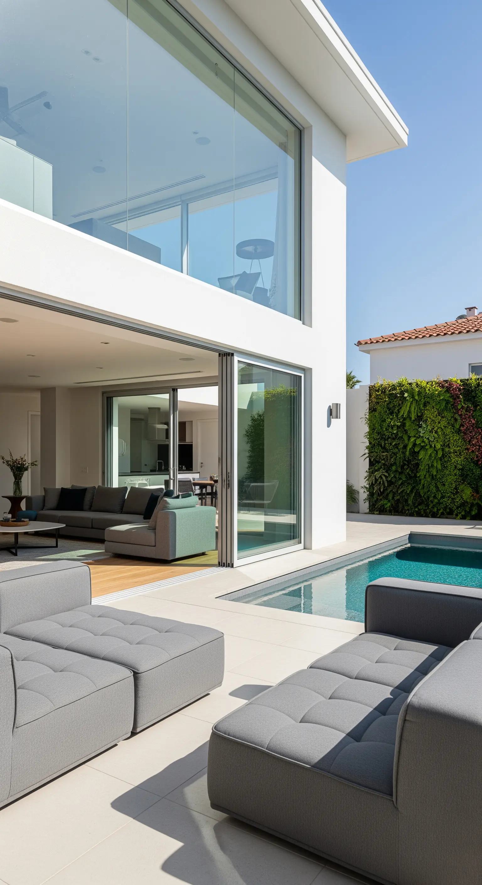Soggiorno che si apre su un patio con piscina, divani modulari grigi e parete verde.