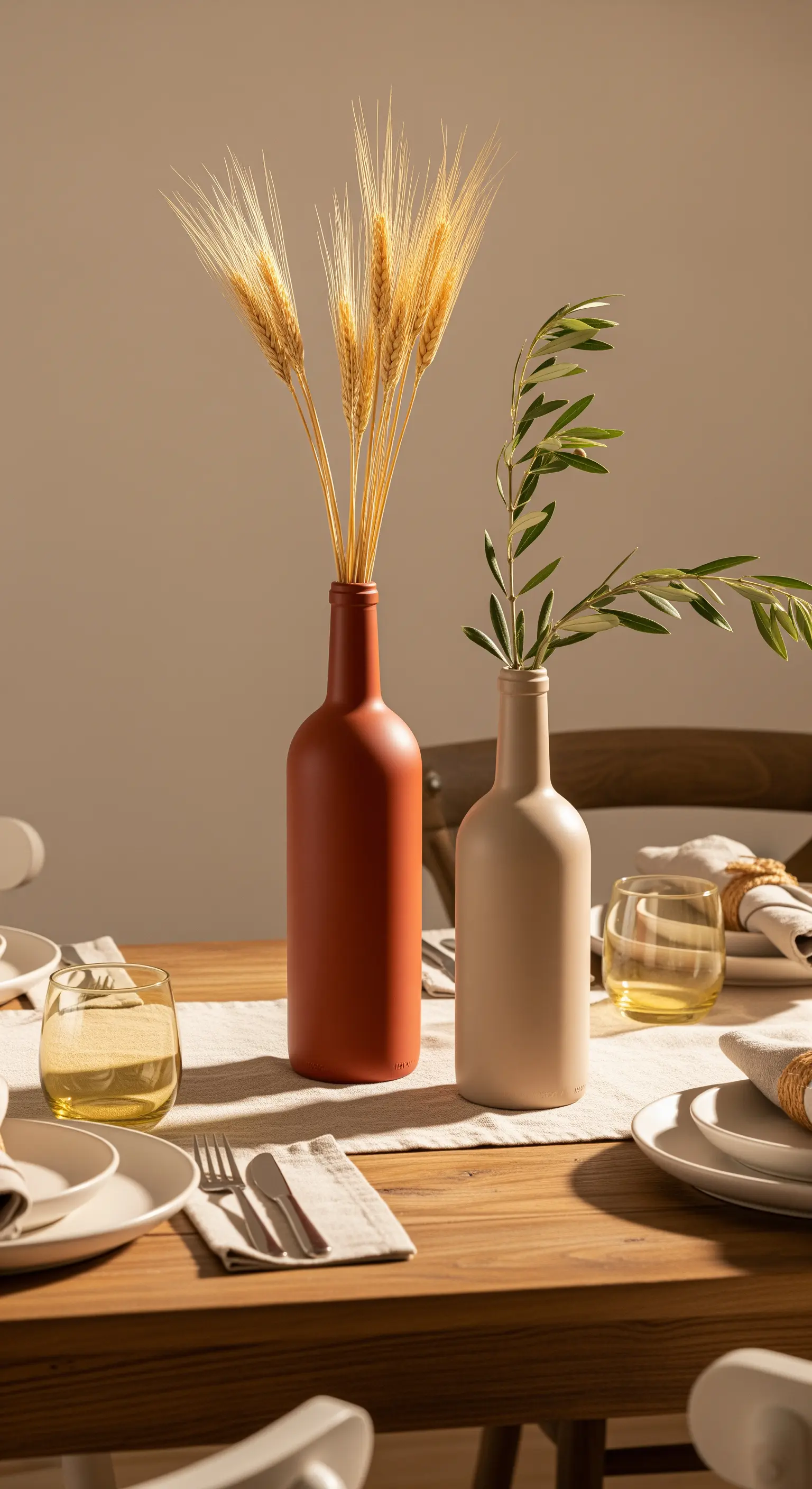 Due bottiglie di vino verniciate opache, una color terracotta e una beige, su un tavolo.