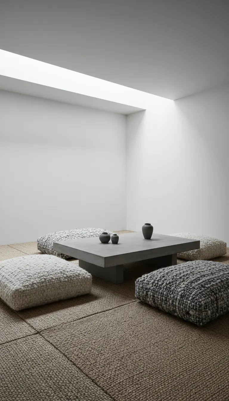 Salotto minimalista con pavimento in fibra naturale, cuscini bouclé e tavolino in cemento.