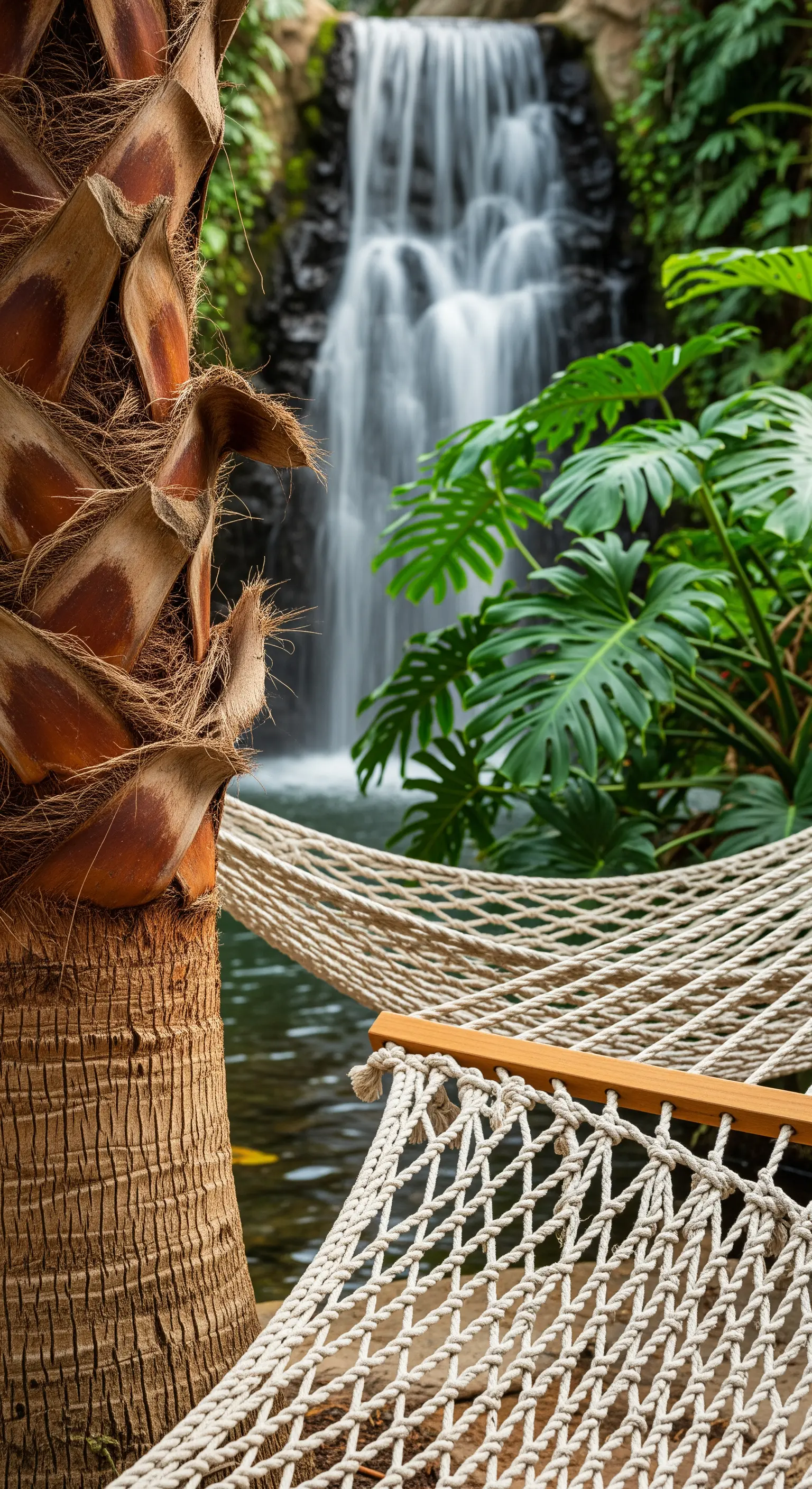 Dettaglio di un'amaca in corda intrecciata accanto a un tronco di palma, con una cascata sfocata sullo sfondo