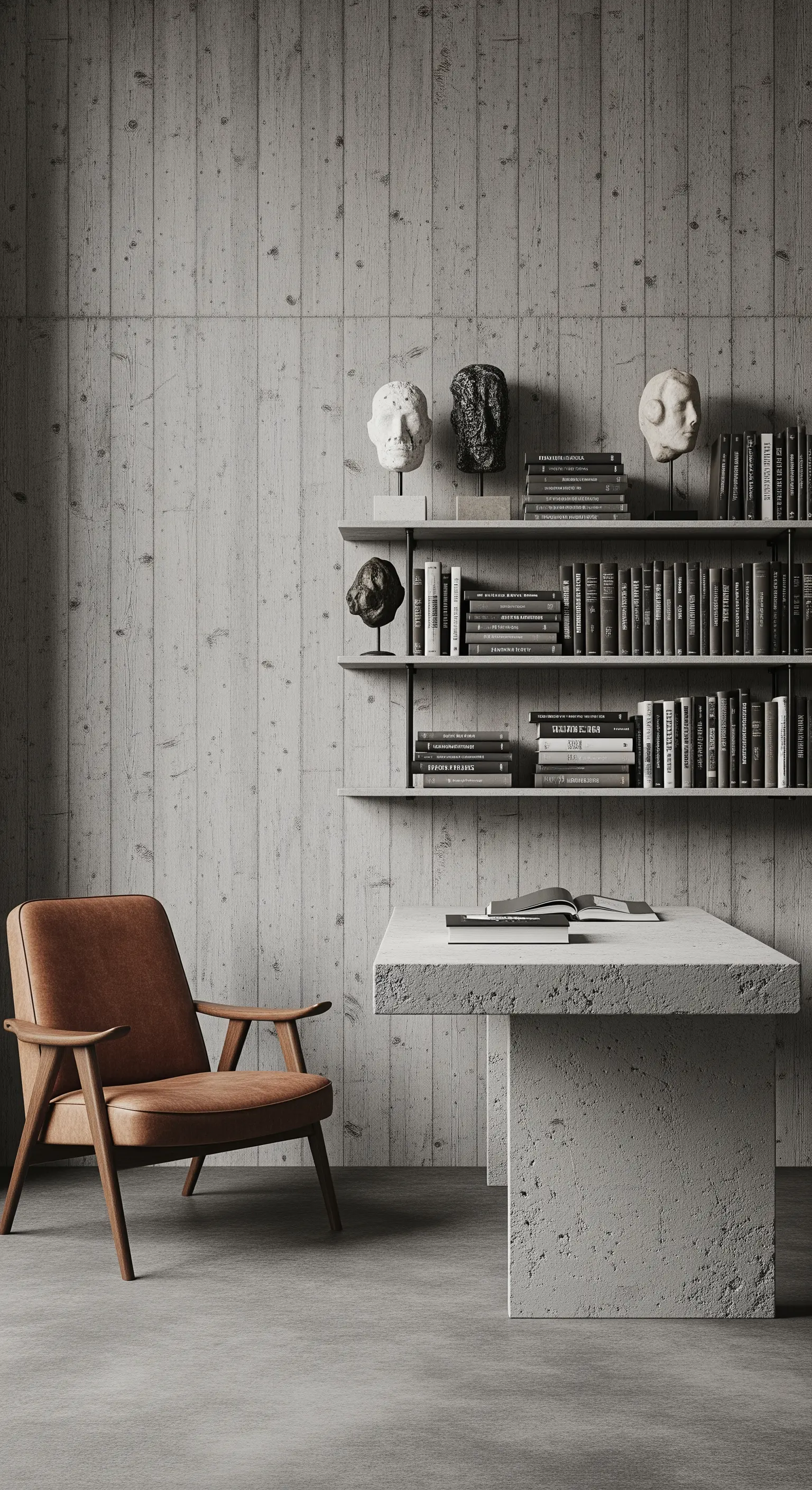 Scrivania monolitica in cemento con poltrona in pelle e mensole a muro con libri e sculture.