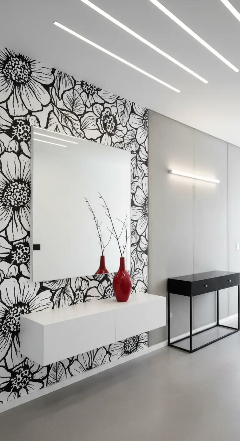 Ingresso moderno con carta da parati grafica in bianco e nero accostata a una parete di cemento.
