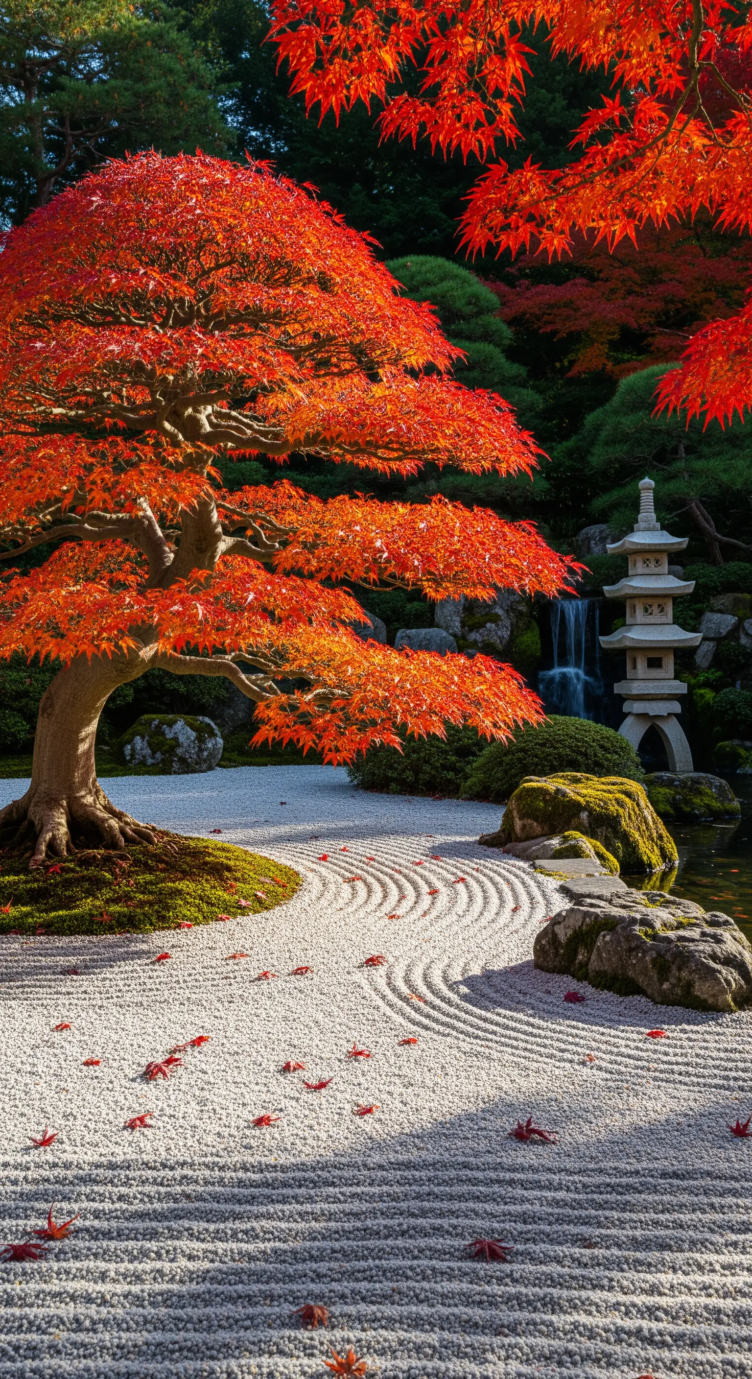Giardino giapponese in autunno con acero rosso, sabbia rastrellata e lanterna di pietra