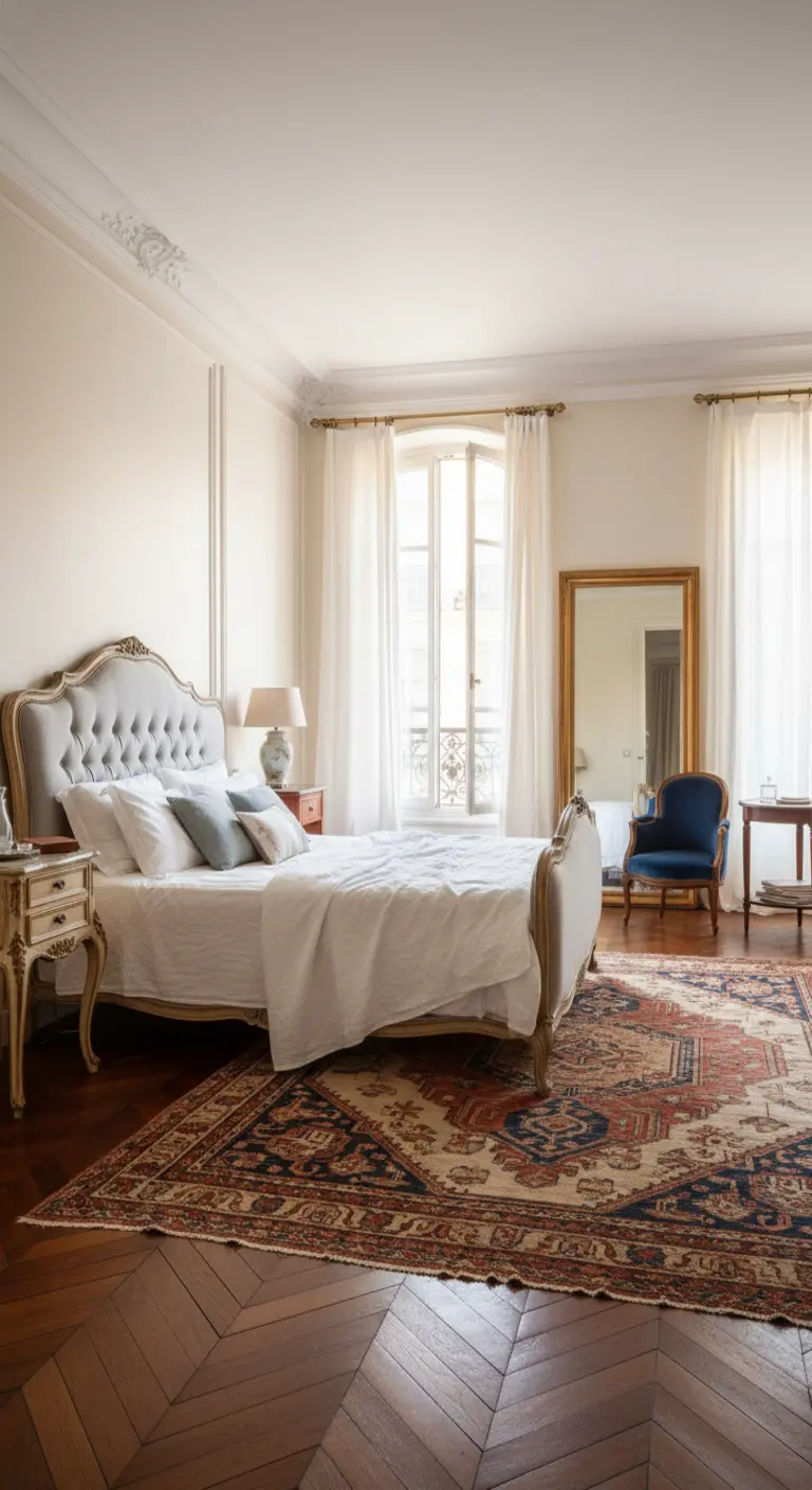 Camera parigina con parquet a spina di pesce, letto capitonné e tappeto persiano.