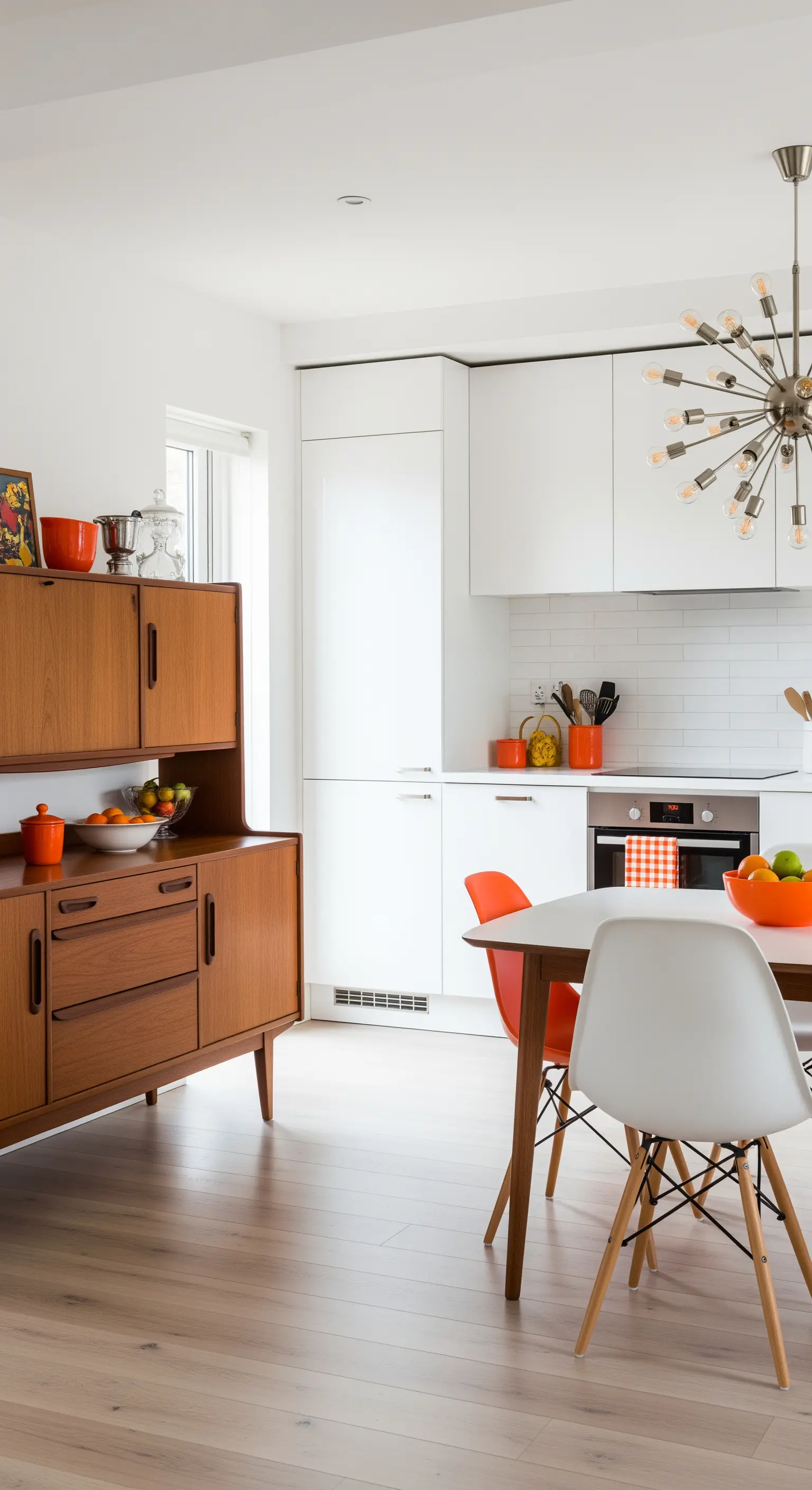 Zona pranzo con credenza Mid-Century in teak e sedie di design accanto a una cucina bianca minimalista.