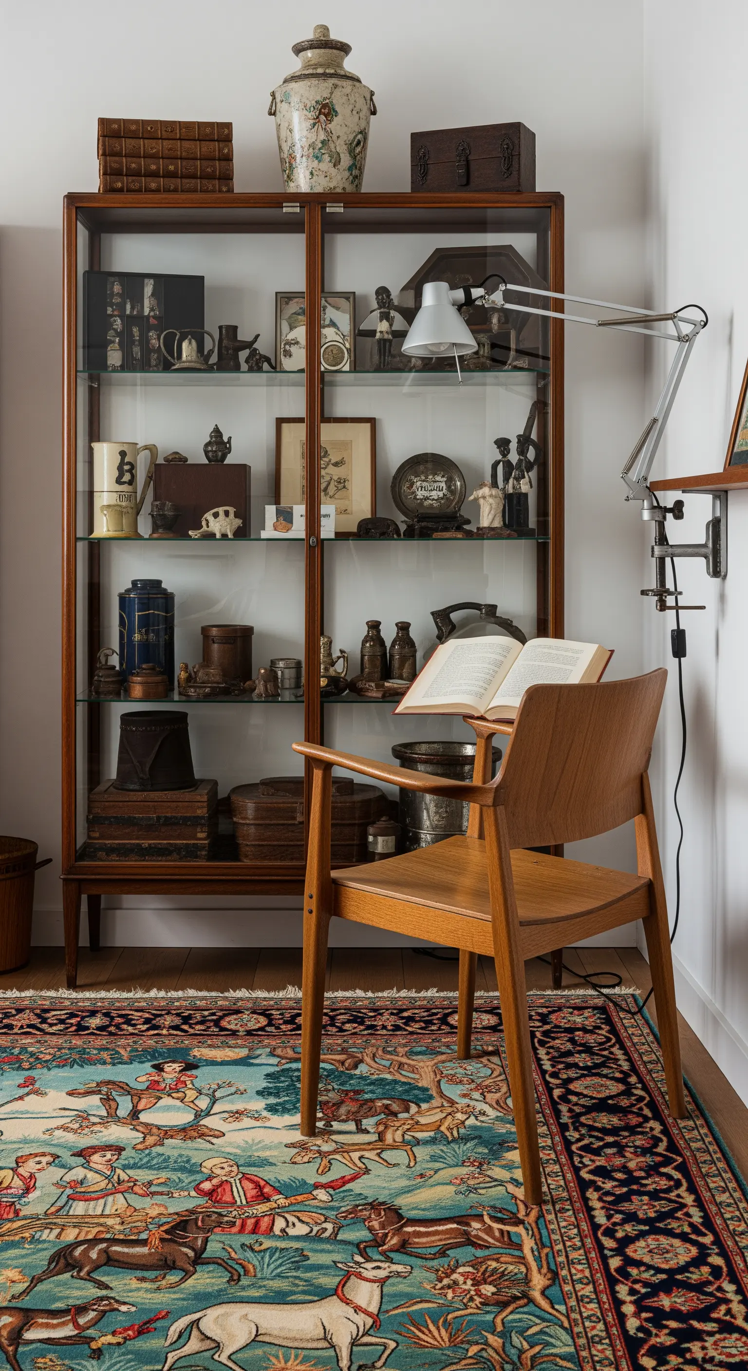 Sedia moderna in legno accanto a una vetrina di antichità, su un tappeto persiano con figure.