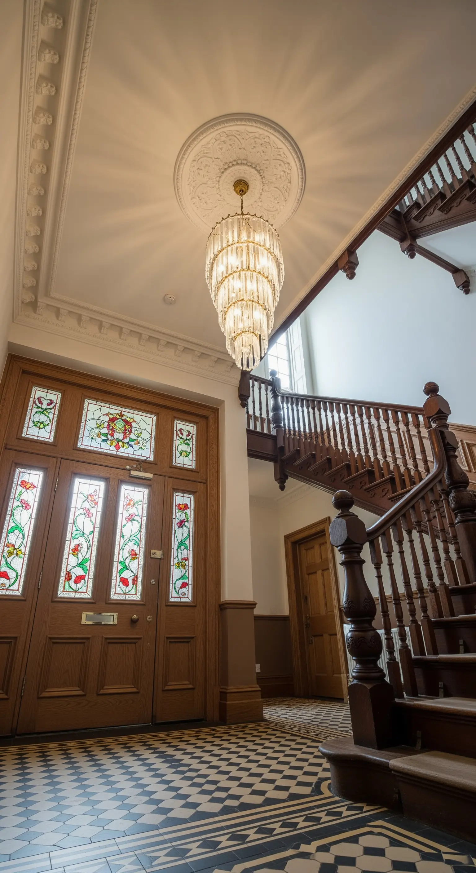 Ingresso vittoriano con porta in legno e vetrate colorate, scala a chiocciola e lampadario di cristallo.