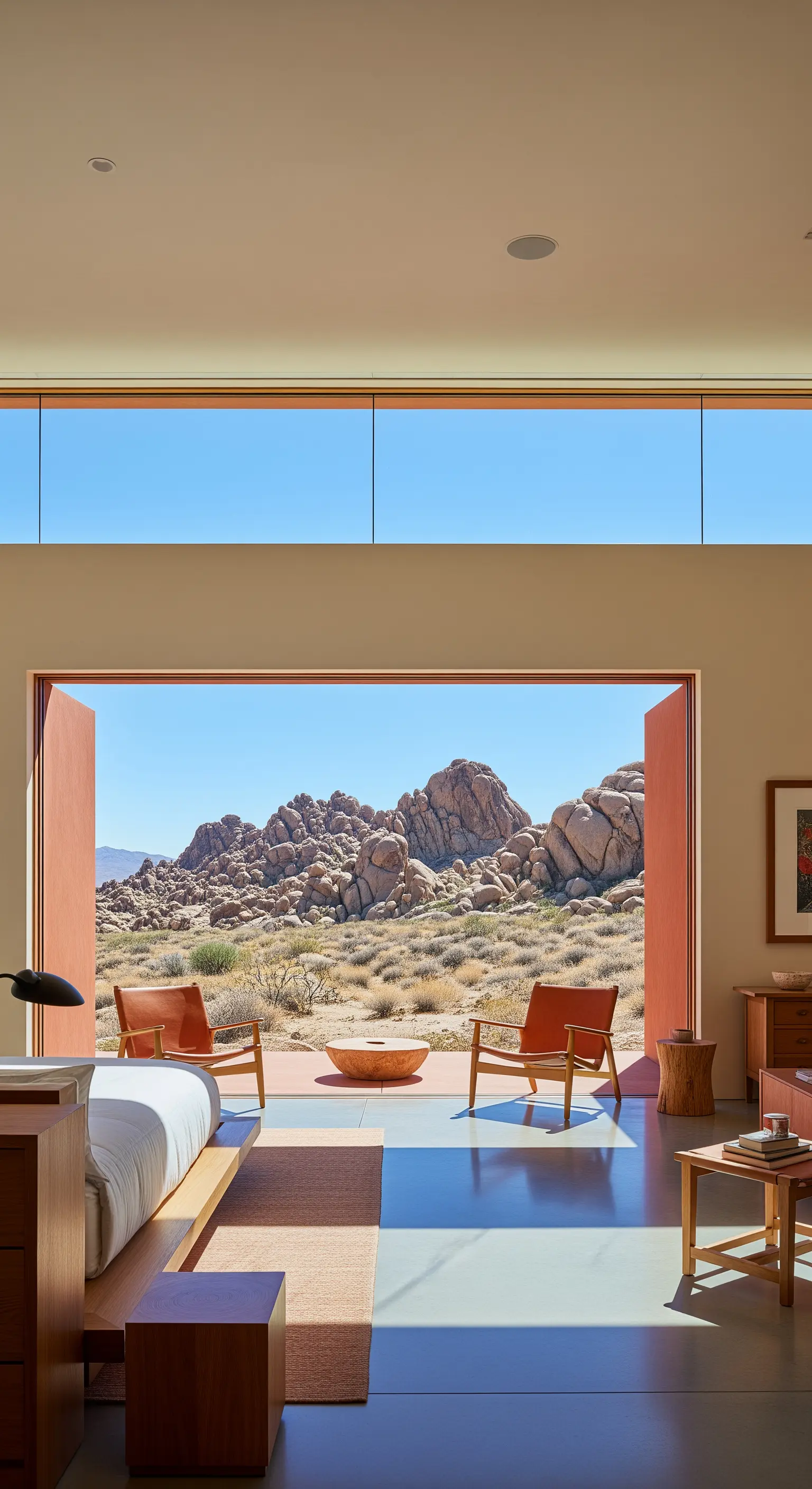 Camera moderna nel deserto con porte a libro aperte su un paesaggio roccioso.