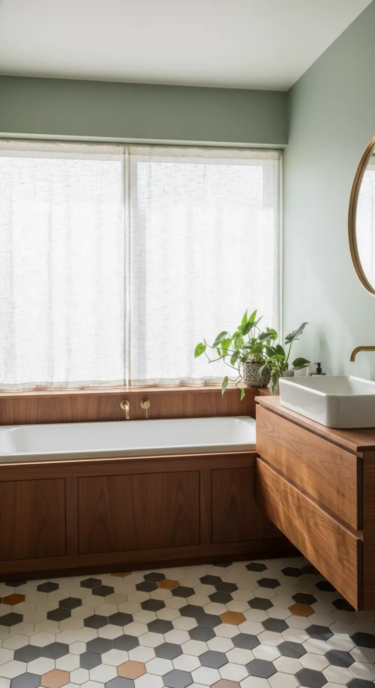 Bagno con vasca e mobili rivestiti in legno di noce e tende a pannello in tessuto chiaro.