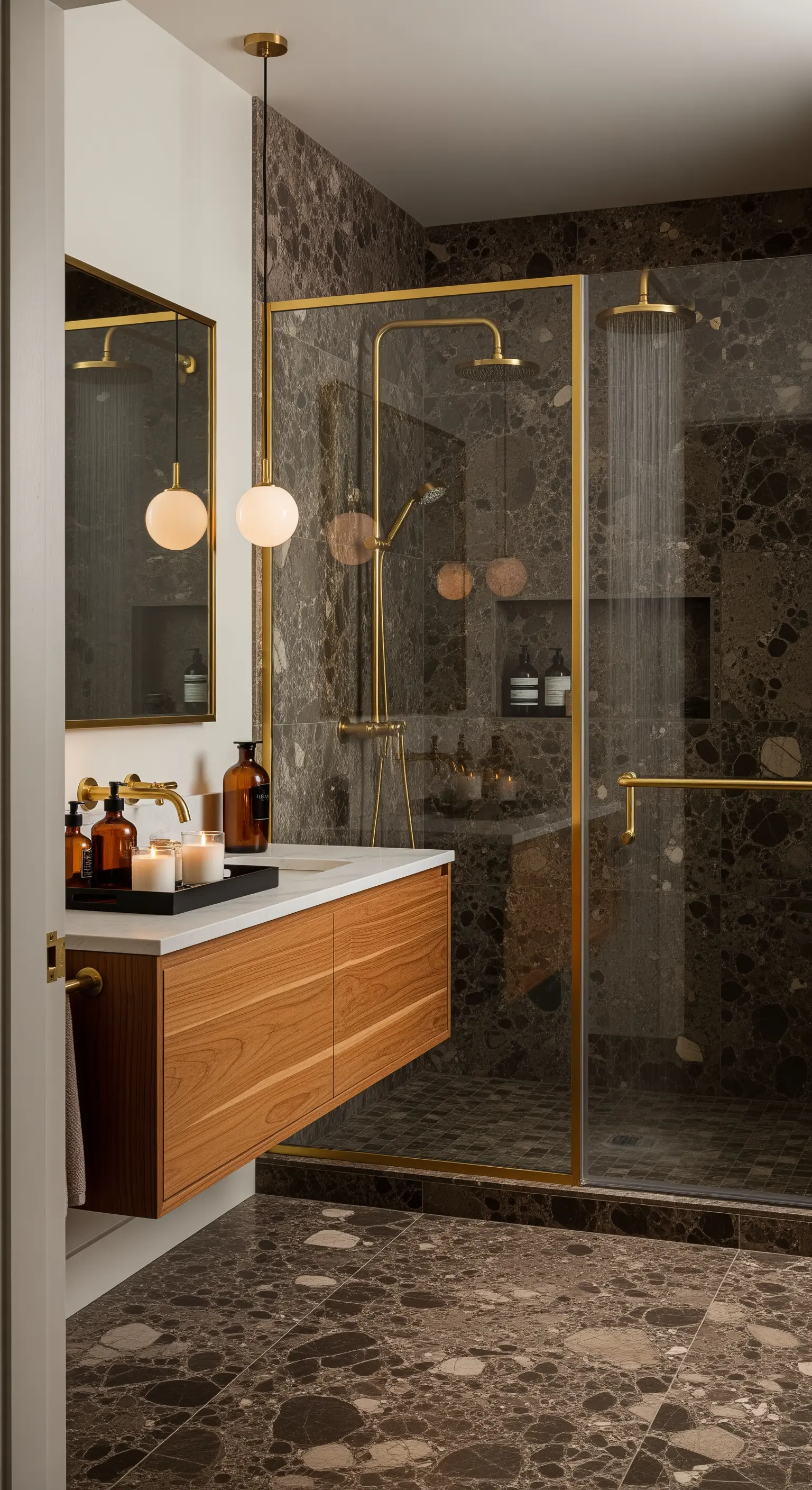 Bagno con marmo scuro tipo terrazzo, mobile sospeso in legno e box doccia con profili in ottone.