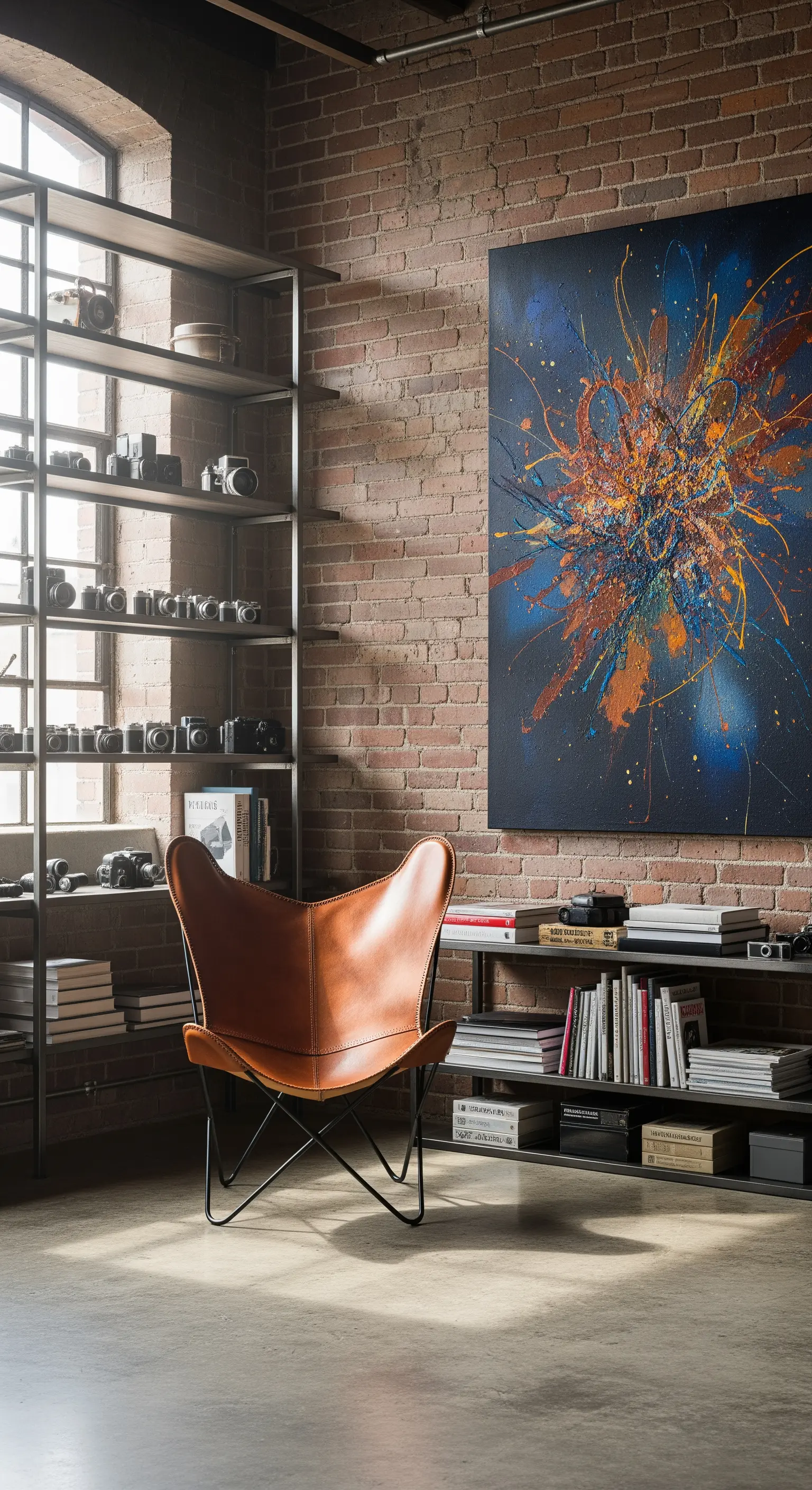 Parete in mattoni con libreria in metallo, poltrona in pelle e quadro astratto esplosivo.